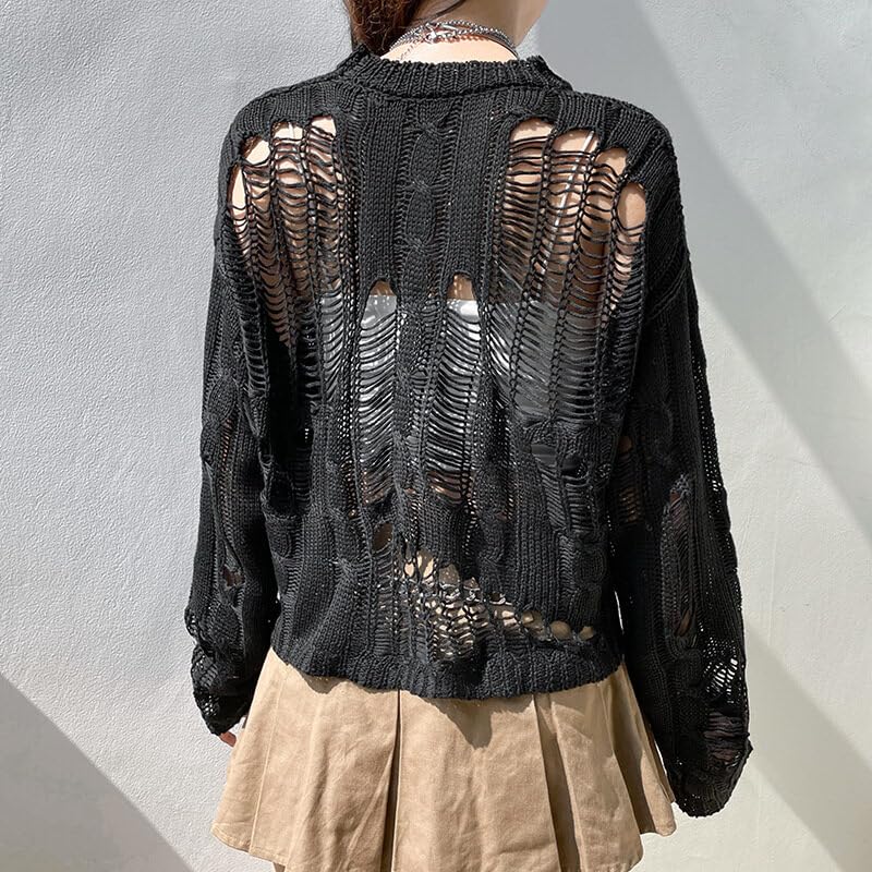 Image of Women Gothic Sweater Hollow Out Ripped Knit Pullover Punk Hole Sexy Slim Fit Cutout Long Sleeve T Shirts Top