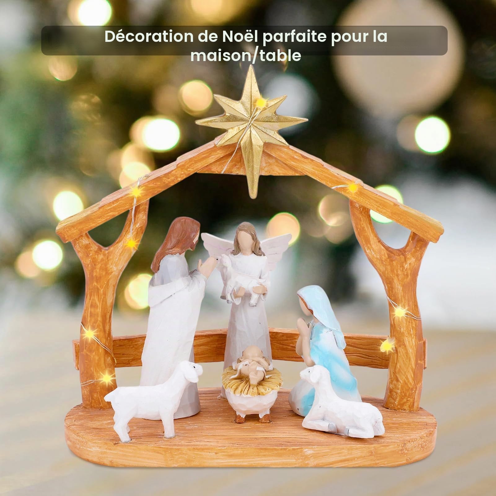 Crèche de Noël avec lumières LED – Crèche d'intérieur avec mangeoire, figurines et histoire – Décorations de Noël festives