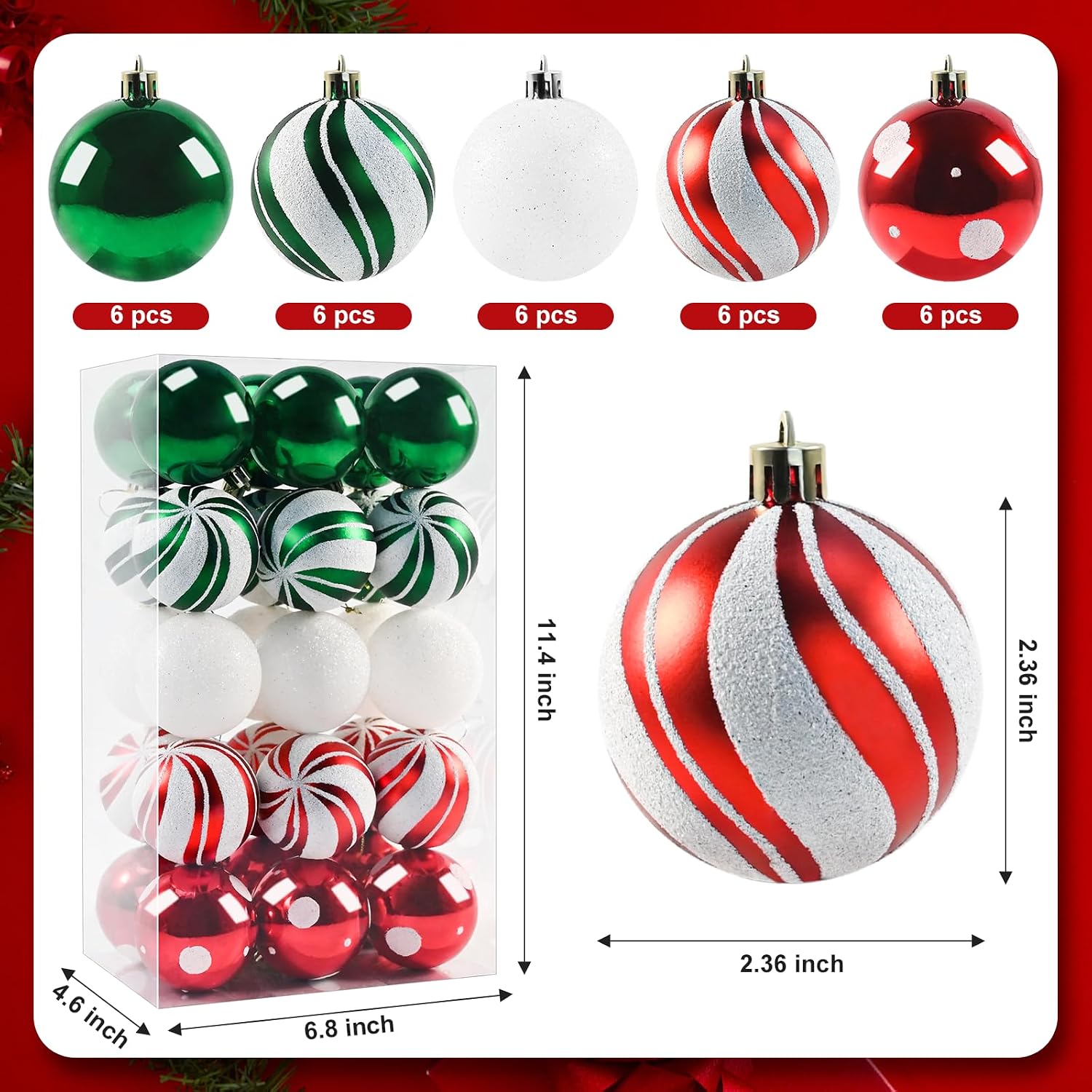 30PCS Christmas Ball Ornaments, 2.36" Red Green White Xmas Balls Decoration, Shatterproof Christma Balls Ornaments for Xmas Tree, Painting & Glittering Hanging Ball for Party Event
