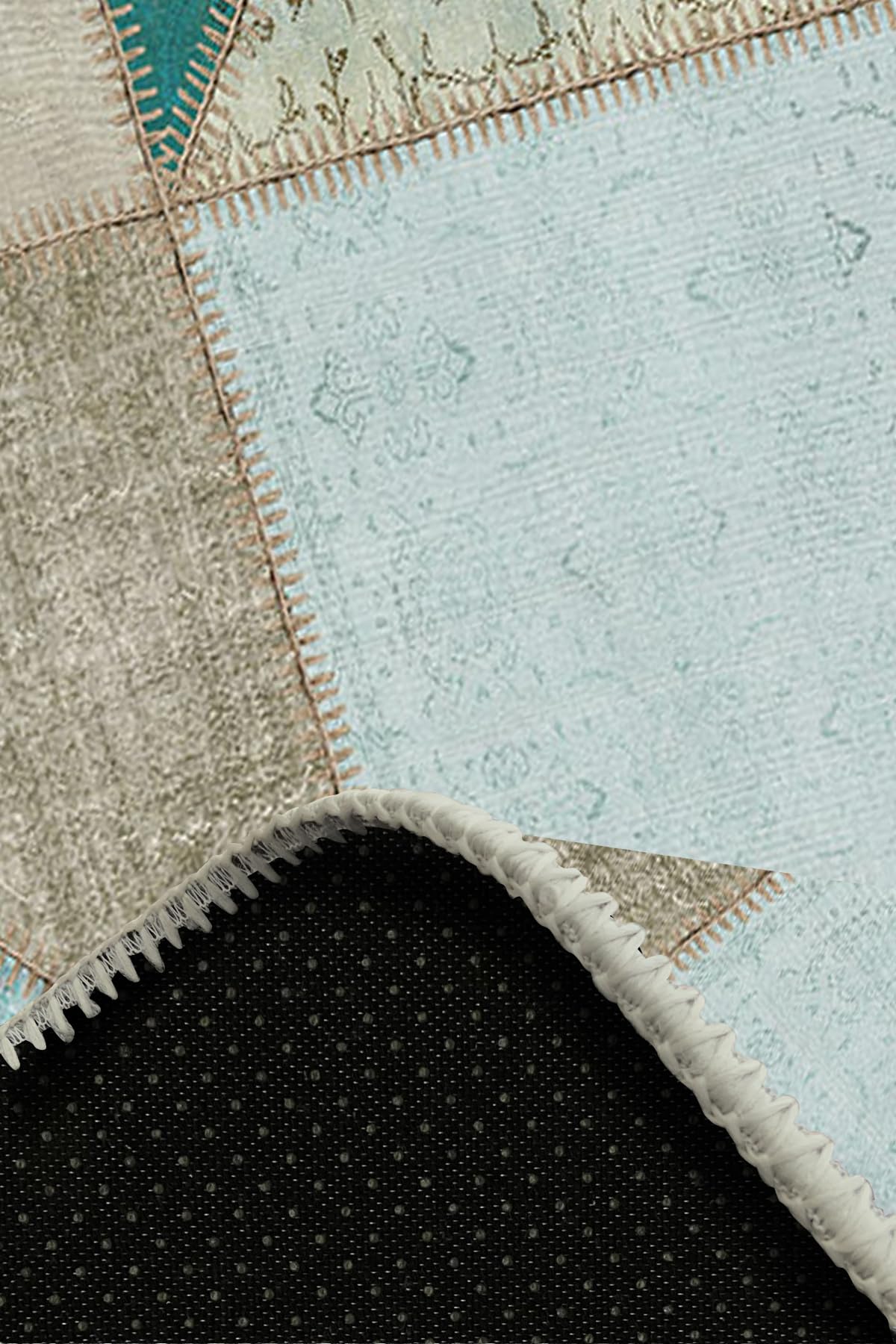 Latte Dizayn Lavi Patchwork Desenli Şönil Pamuk Tabanlı Yıkanabilir Kaymaz Antibakteriyel Salon Halısı 100x300