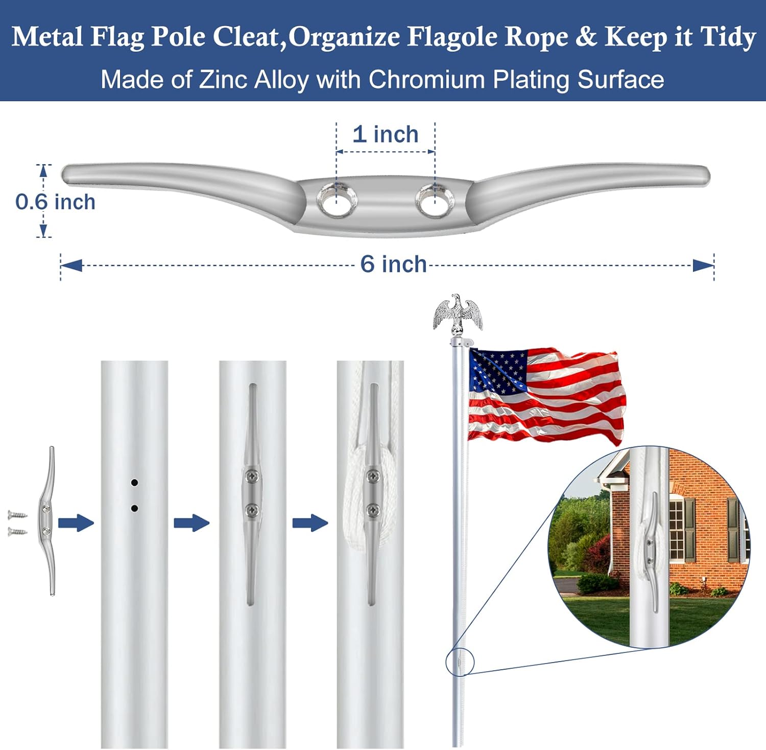 NQ Flagpole Hardware Repair Parts Kit,50FT Halyard Rope+7" Eagle Topper+6" Zinc Alloy Cleat+4 PCS Metal Swivel Snap Clips+Aluminum Alloy Flagpole Truck with Pulley for 1.6"-2" Flag Poles(Silver)