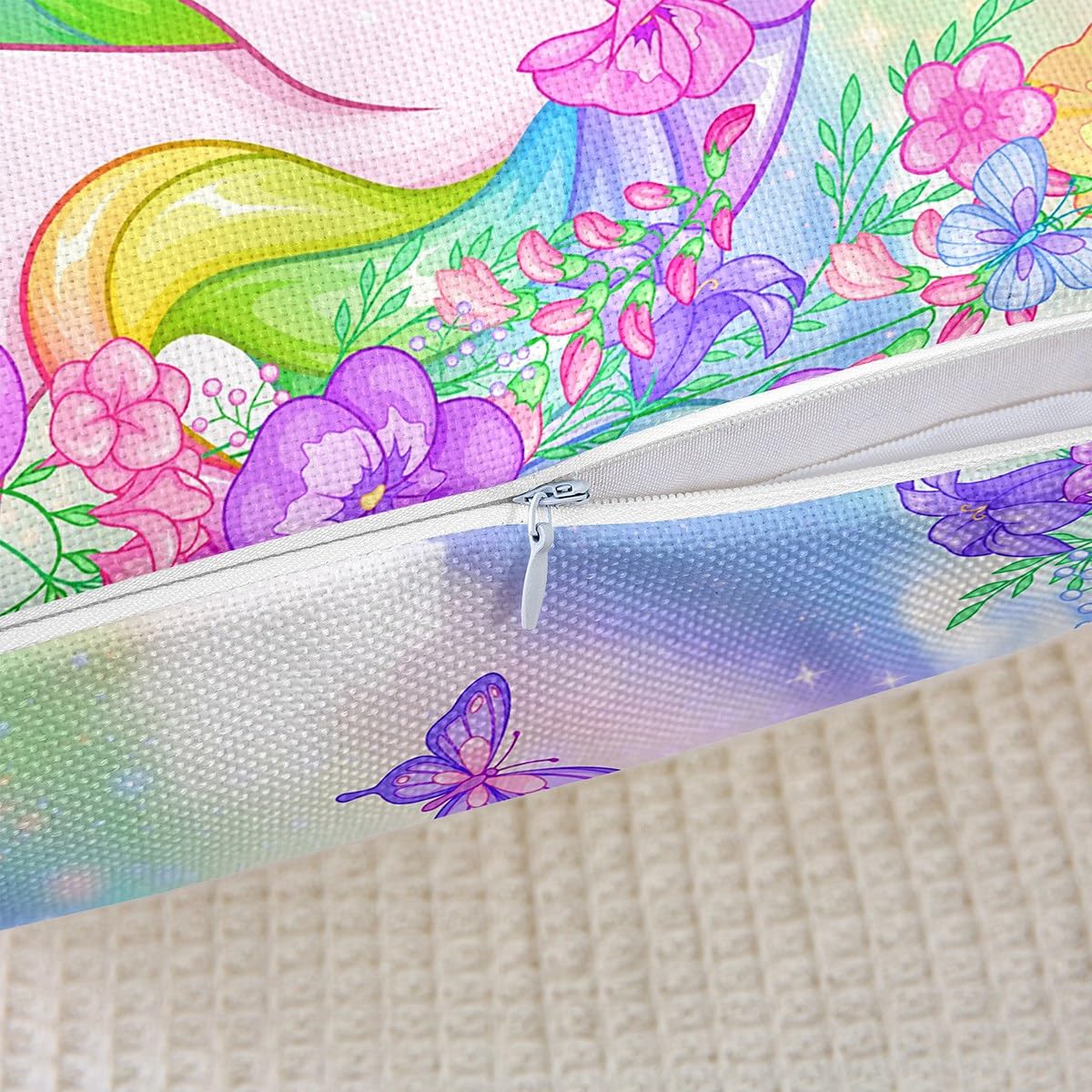 richhome Set di 2 federe per cuscino con unicorno, colori acquerellabili, arcobaleno, stelle, fiori rosa, piante, 45,7 x 45,7 cm, colore blu e rosa sfumato, decorazione per la stanza dei bambini
