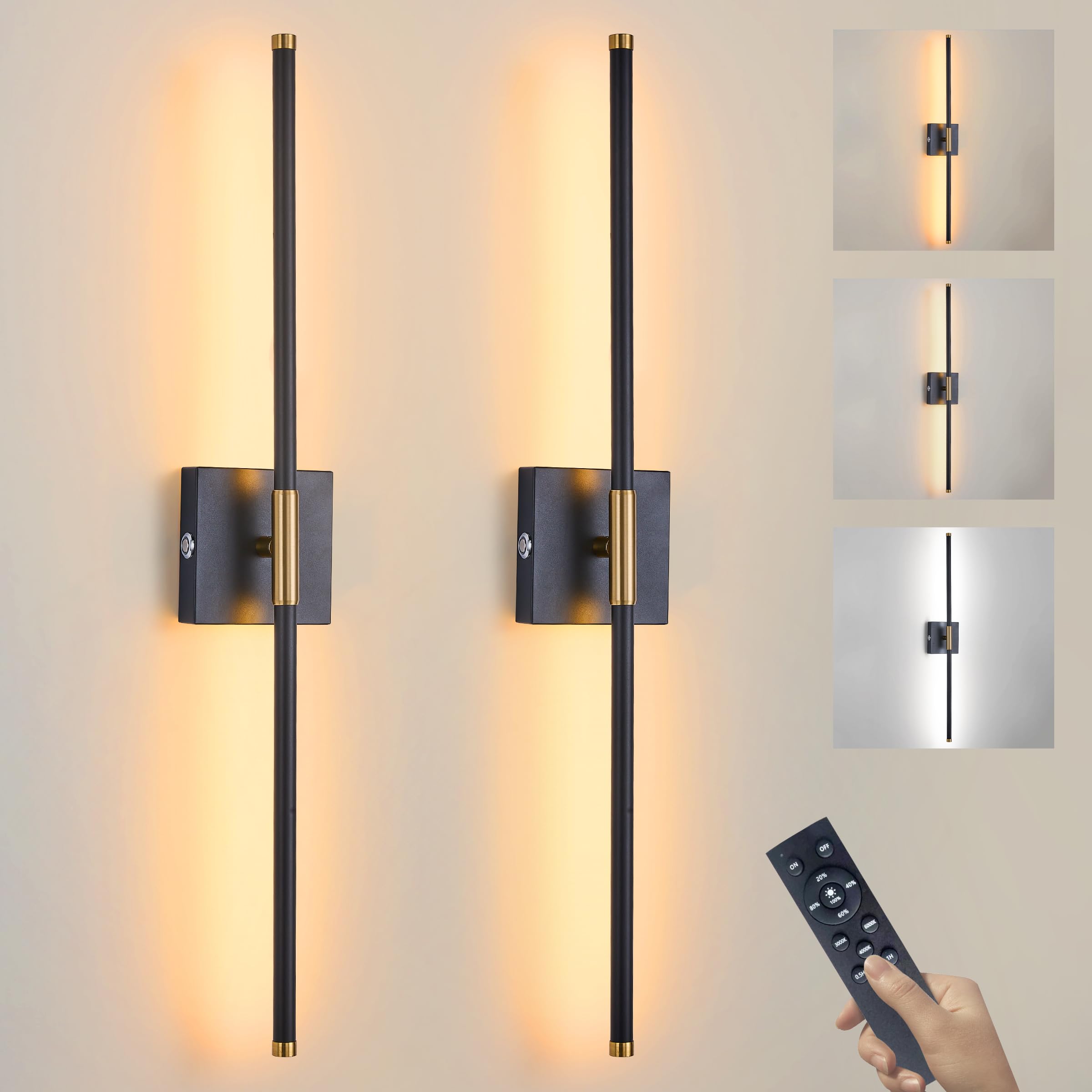 Photo 1 of 15800 mAh Battery Operated Wall Sconces with Remote Control Dimmable Wall Sconces Set of Two 3000K LED Black and Brass Wireless Wall Light Battery Powered Cordless Rechargeable Sconces Wall Decor