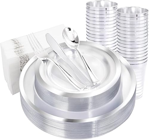 YOUBET 175 platos de plástico transparente con borde plateado y cubiertos de plástico plateado y vasos de plástico plateado que incluyen 25 platos