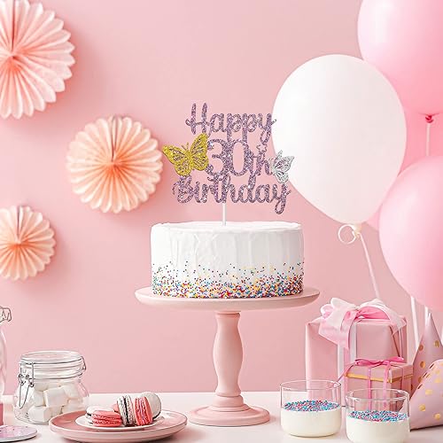 Miniatura 7 de Decoración para tarta de cumpleaños de 30 años con purpurina morada, decoración de pastel de mariposa 30, decoración para tartas de cumpleaños de 30