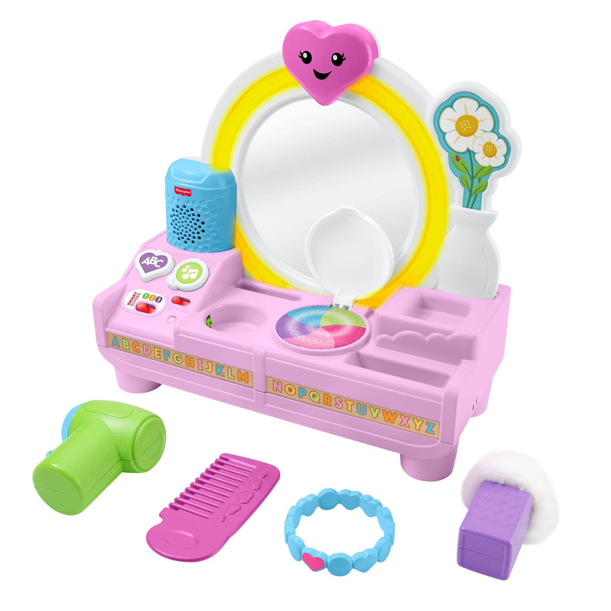 Fisher-Price Laugh & Learn Tocador de Aprendizaje Multilingüe | Inglés, francés, alemán, italiano, neerlandés, 4 accesorios, juguete musical educativo, para bebés de 1+ año