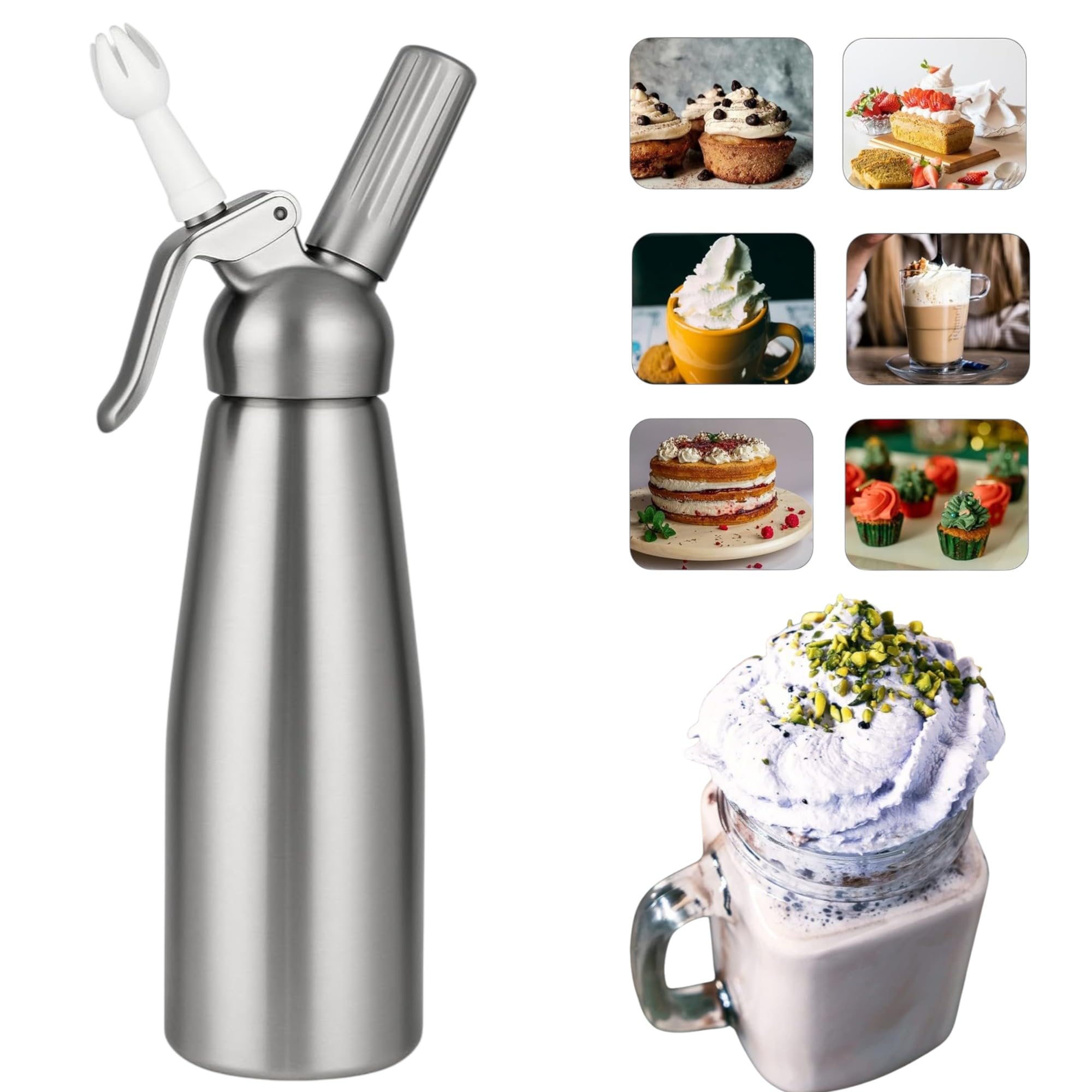 THW® Aluminium Cream Whipper | Professional Whipped Cream Dispenser Canister - 500 mL | Ideal for Home, Café, Hotel & Restaurant Use | Includes 3 Nozzles, Charger Holder & Whipper Valve Brush