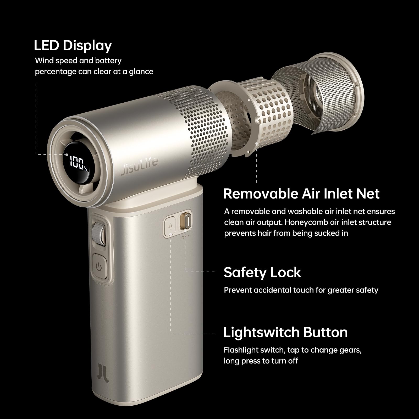 JISULIFE Przenośny wentylator ręczny 5 w 1, 100 prędkości, 9000 mAh, maks. 25 godzin, mini wentylator, ładowalny, powerbank 18 W, z latarką, ultra silnikiem, metalowa obudowa, wielofunkcyjny, prezenty