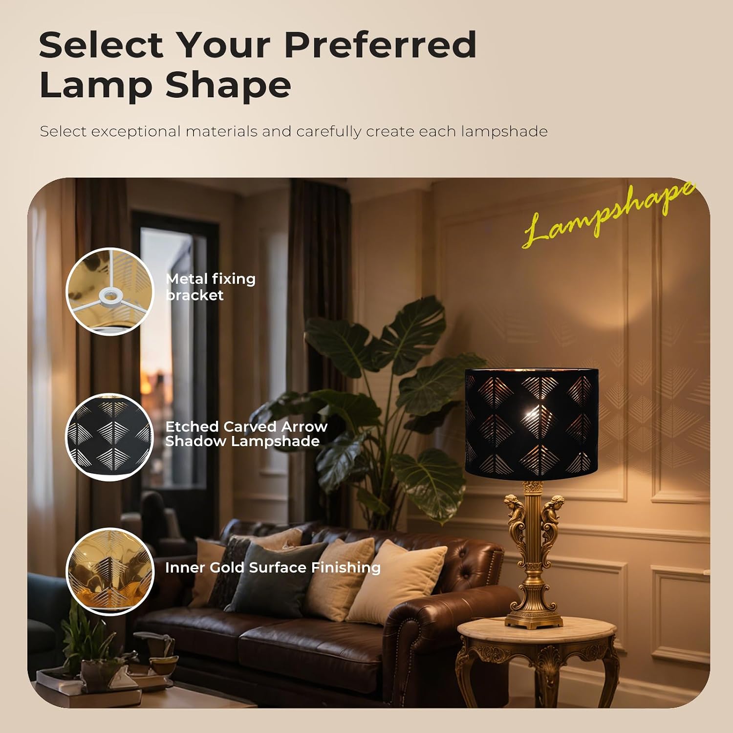 Fabric Lamp Shades 2 Pack - 13" Top x 13" Bottom x 10" High, Black and Gold Drum Lampshades for Table Lamps, Floor Lamps, Pendant Lights, Assembly Required Linen Replacement Lamp Spider