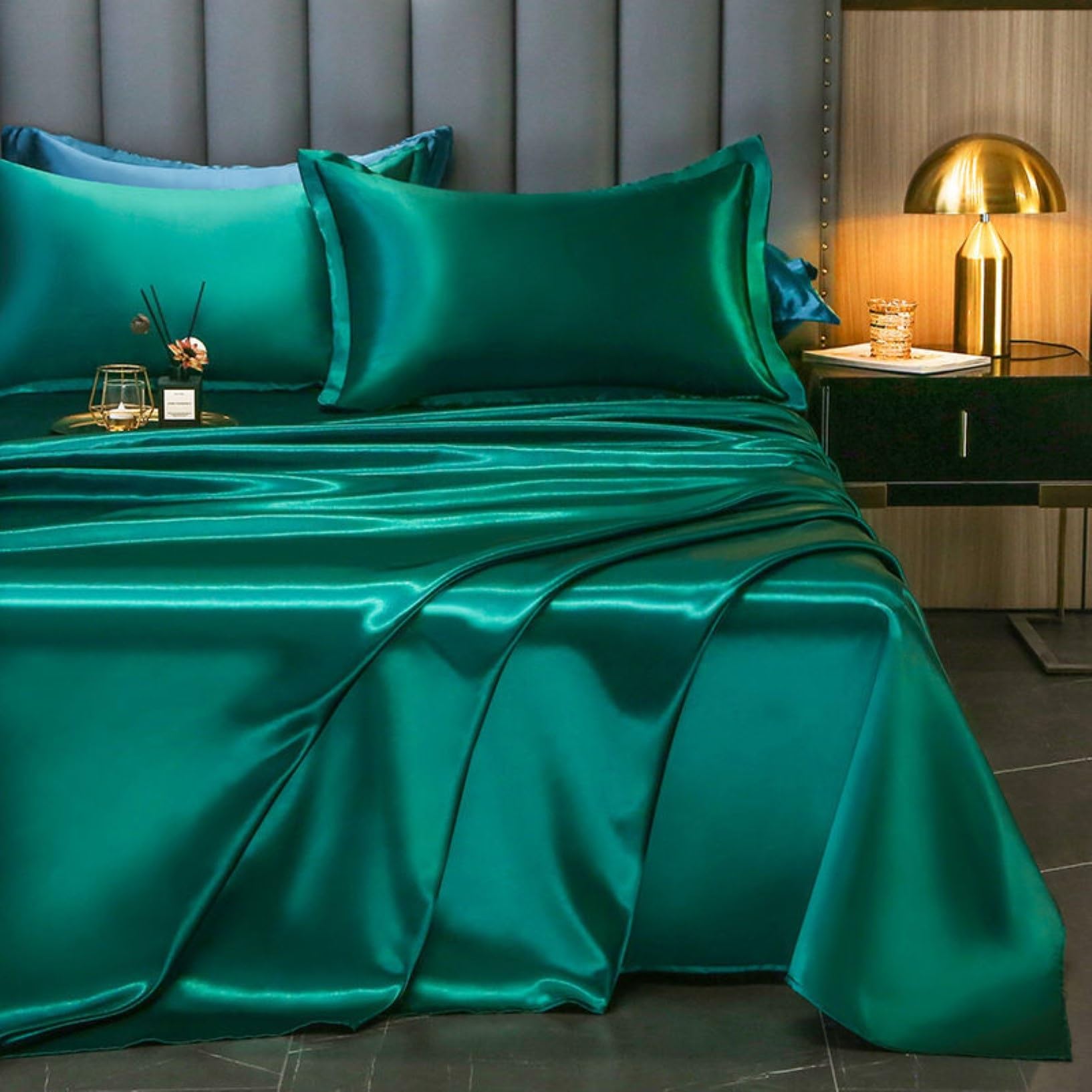 Satin-Bettlaken,Weiches Satin-Bettlaken-Set for Queensize-Betten,Ähnlich Wie Seidenlaken,Satin-Bettlaken In Queensize-Größe for Haar Und Haut(Dark Green,230 * 250cm No Pillowcase)