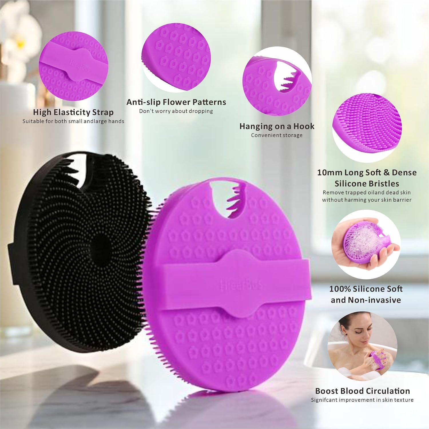 Silicone Body Scrubber Shower Brush,Super Exfoliating Body Brush with Non-Slip Strap-Effective Showering Exfoliation and Gentle Massage for Men Wome,Durable Use Brush,1 Counts (Purple)