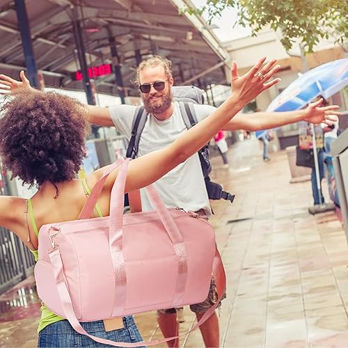 Miniatura 8 de MABROUC Bolsa de lona para mujer, bolsa deportiva de gimnasio con bolsillo húmedo y compartimento para zapatos, bolsa de viaje para fines de semana