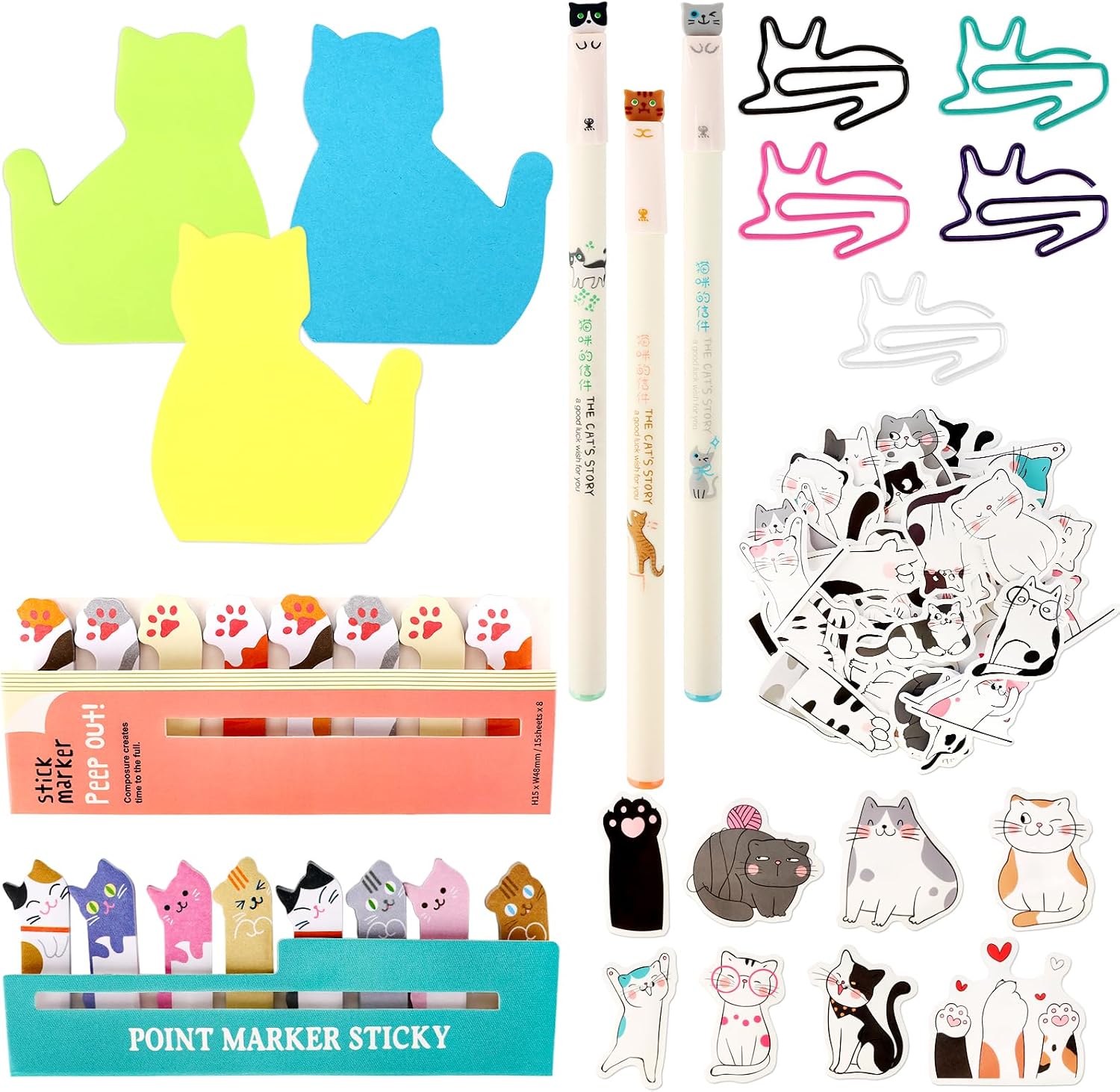 102 Pcs Cat Office Supplies Cute Cat stationary Cat Shape Stickers Sticky Note Paper Clips Gel Ink Pens Party Favor Gifts for Kids Women Cat Lovers School Office Supplies Desk Accessories