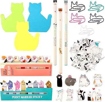 102 Pcs Cat Office Supplies Cute Cat stationary Cat Shape Stickers Sticky Note Paper Clips Gel Ink Pens Party Favor Gifts for Kids Women Cat Lovers School Office Supplies Desk Accessories
