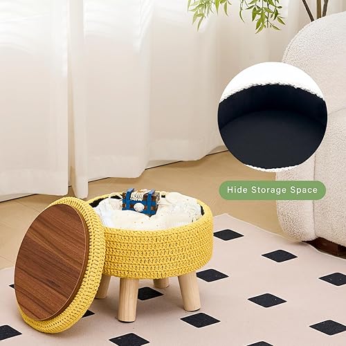 Miniatura 5 de Wimarsbon Puf otomano, reposapiés bohemio de punto 100% algodón, reposapiés redondo con patas de madera antideslizantes, decoración del hogar, puf