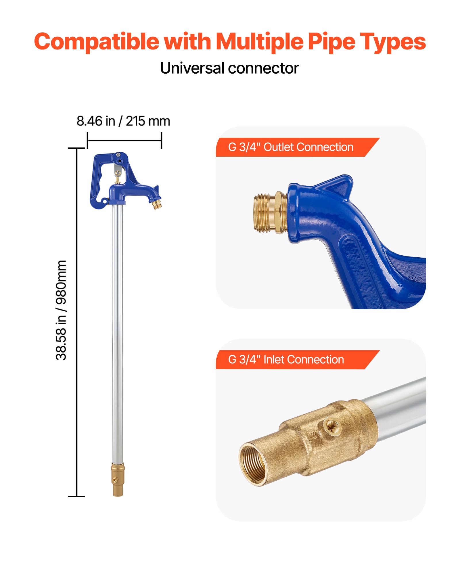 VEVOR Hidrante Resistente a las Heladas, 980 mm, Hidrante sin Plomo para Riego de Jardines y Granjas, Profundidad de Enterramiento 304,8 mm, Conexión de Tubo G 19,05 mm y Acoplamiento de Manguera