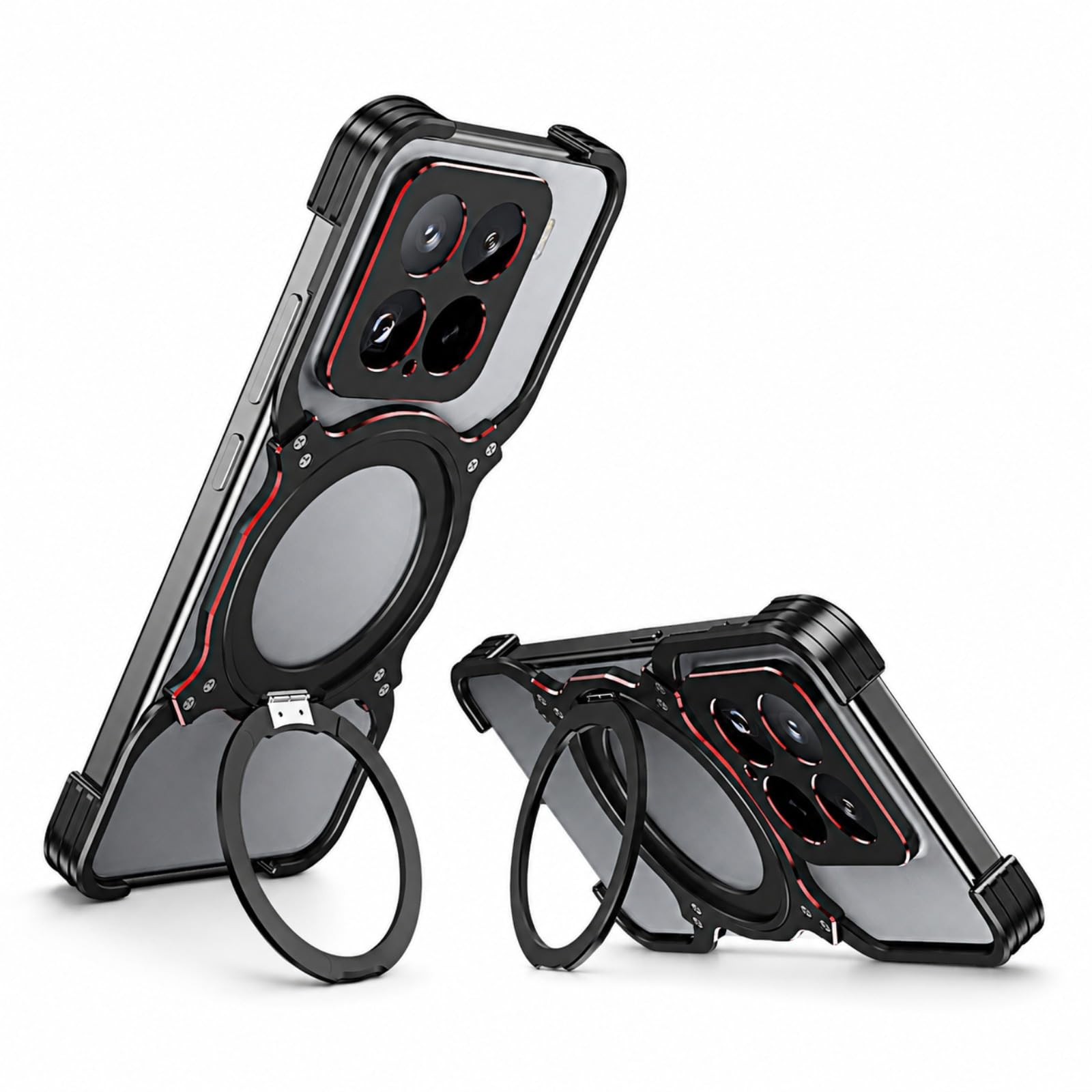 Funda para Xiaomi 15 Pro con Anillo Giratorio, Negro Rojo | Anillo Magnético Giratorio con Soporte, Estructura de Metal Abierta, Bordes de Cámara Elevados, Esquinas Reforzadas