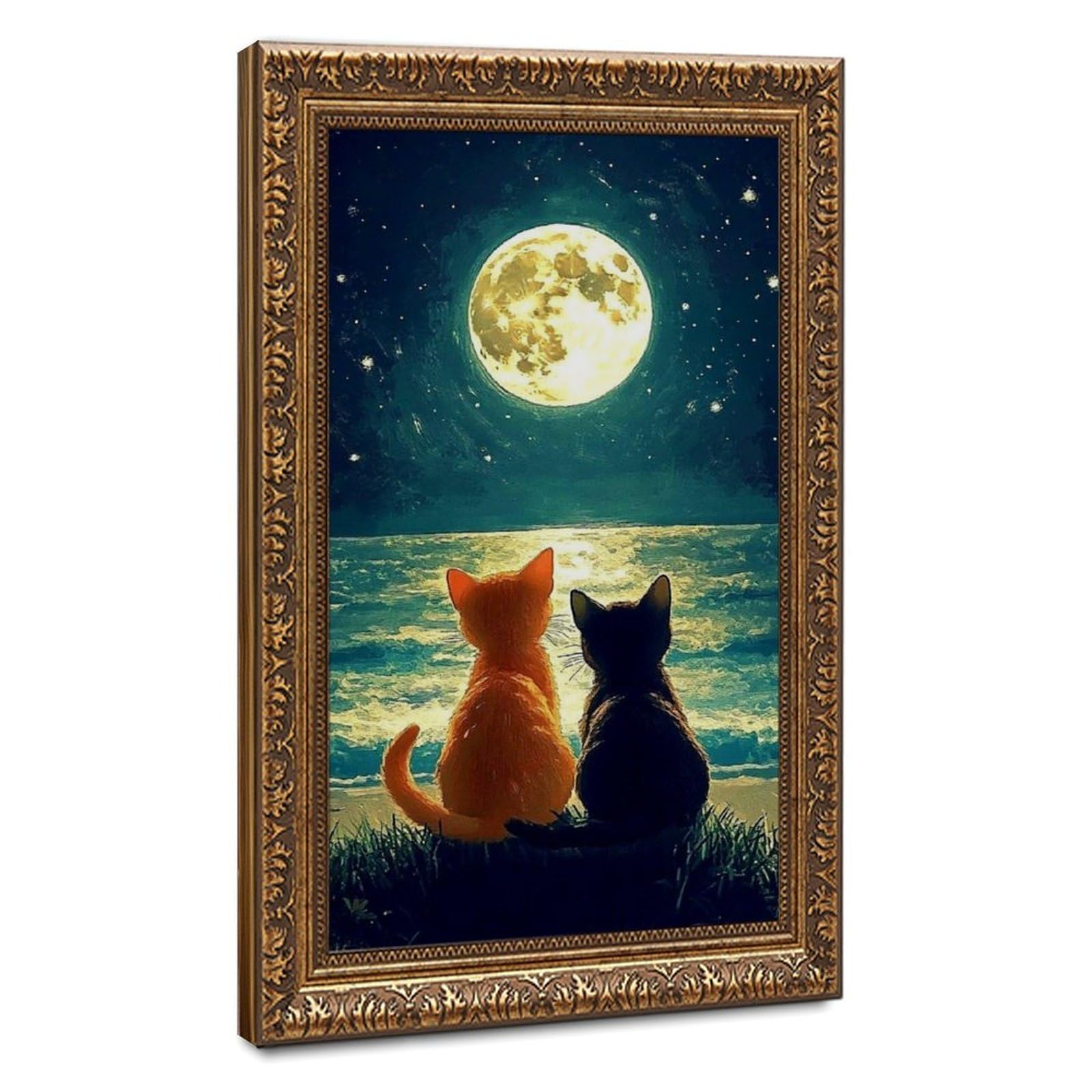 Bareronor Two Cats on The Moon Canvas Poster Bedroom Decor Landscape Office Room Decor Gift 24" L X 36" W