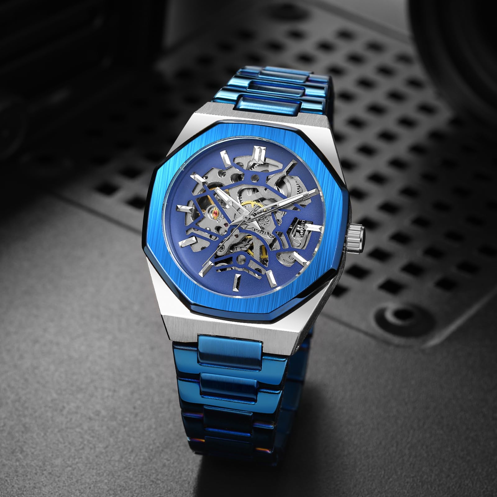 Mechanische Herrenuhr, selbstaufziehende Armbanduhr für Herren, achteckiges Gehäuse, Edelstahlband, Skelett-Design, Uhren
