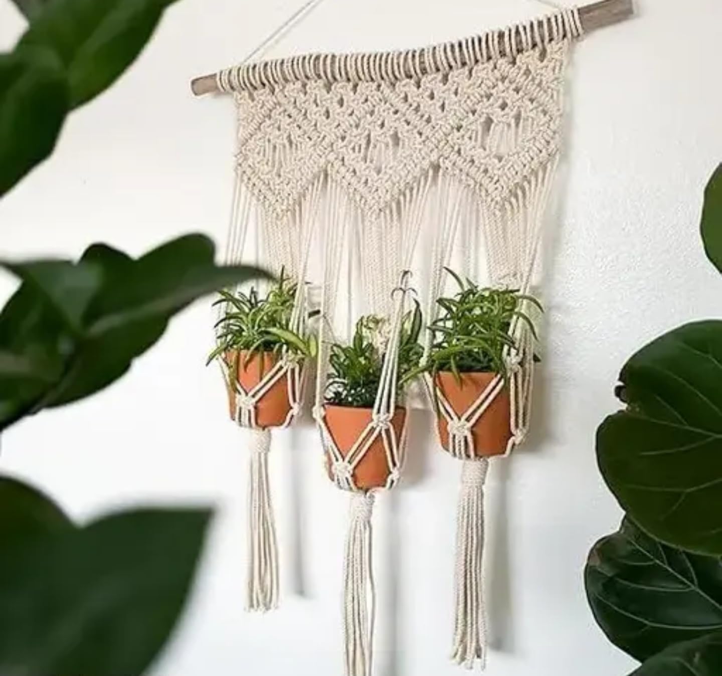 Portavasi da parete in macramè, 3 vasi in terracotta, decorazione per la casa boho, bianco crema