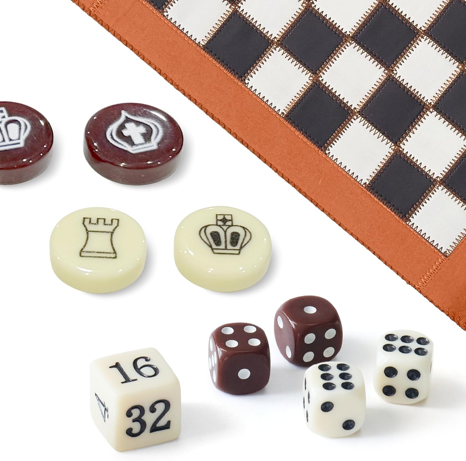 Woodronic Travel Backgammon Set 3 in 1 Chess & Checkers Board Game for Teens Adults Roll Up Leather Portable Games with 32 Premium Pearl Pieces 5 Dice 11x8.5 Inch Family Travel Gift