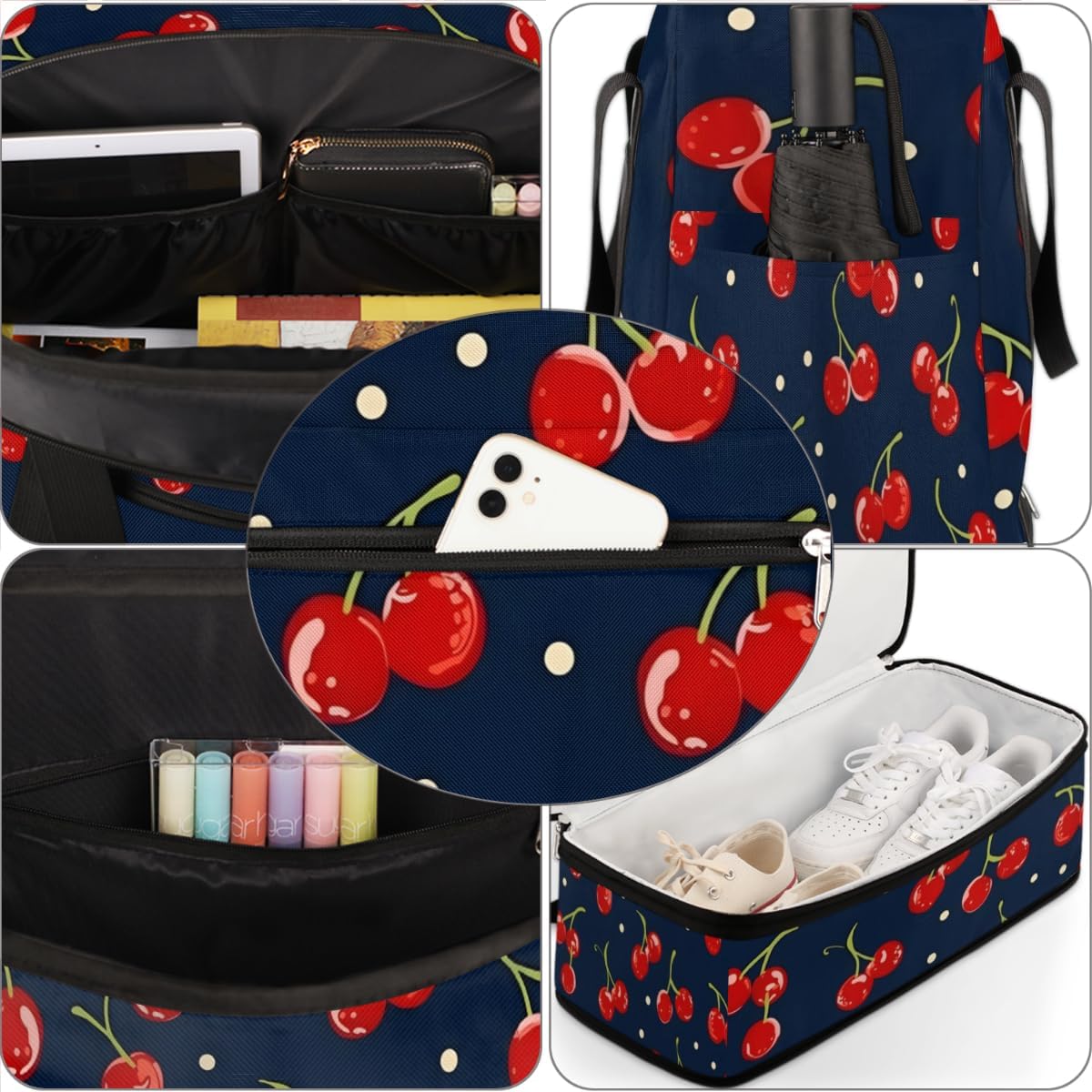QsirBC Cherry Decor Design Gym Bag for Women Duffle Tote with Shoes Compartment Men Weekender Duffel for Dance Travel Sports Swimming Overnight