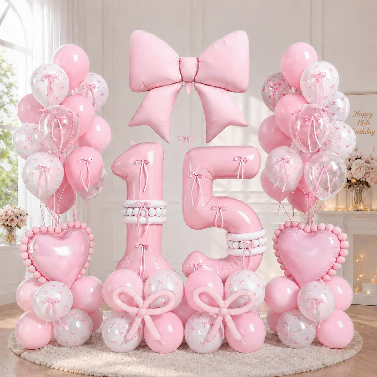 15th Birthday Decorations Pink Bow Balloon Decorations Large Number Foil Balloons Balloon Arch Kit Heart Balloons Birthday Party Supplies