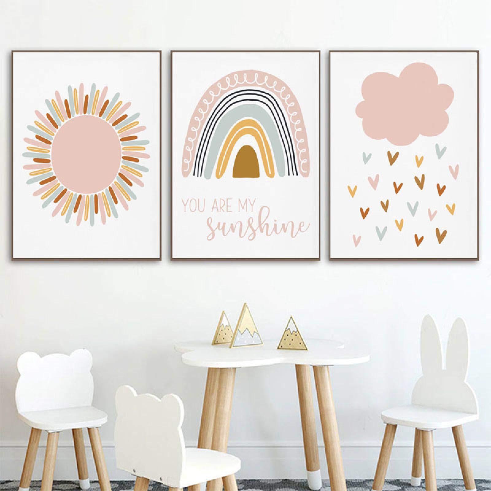Impresión en lienzo para niños, póster con nubes de sol rosa, arte de pared, cuadro de arcoíris para guardería, pintura para habitación de bebé, decoración de dormitorio infantil, 70x100cmx3 sin marco