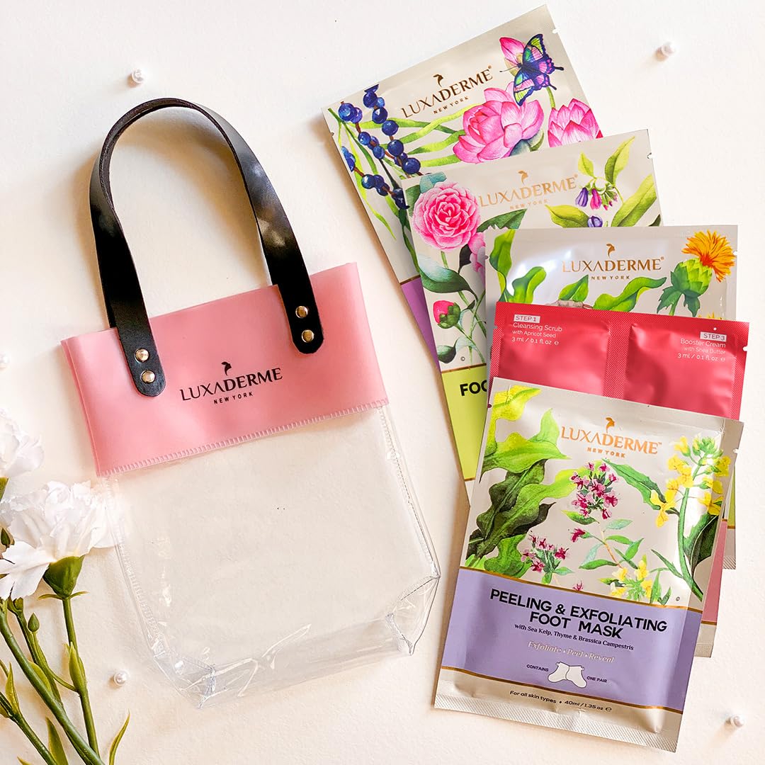 The LuxaDerme Healthy Skin Starter Kit include (5 Products) | Peeling & Exfoliating Foot Mask, Revive & Radiate 3 Step Tune up Kit, Detox Bio Cellulose Mask, Foot Hydration Socks & Hand Hydration Gloves, TOTE BAG