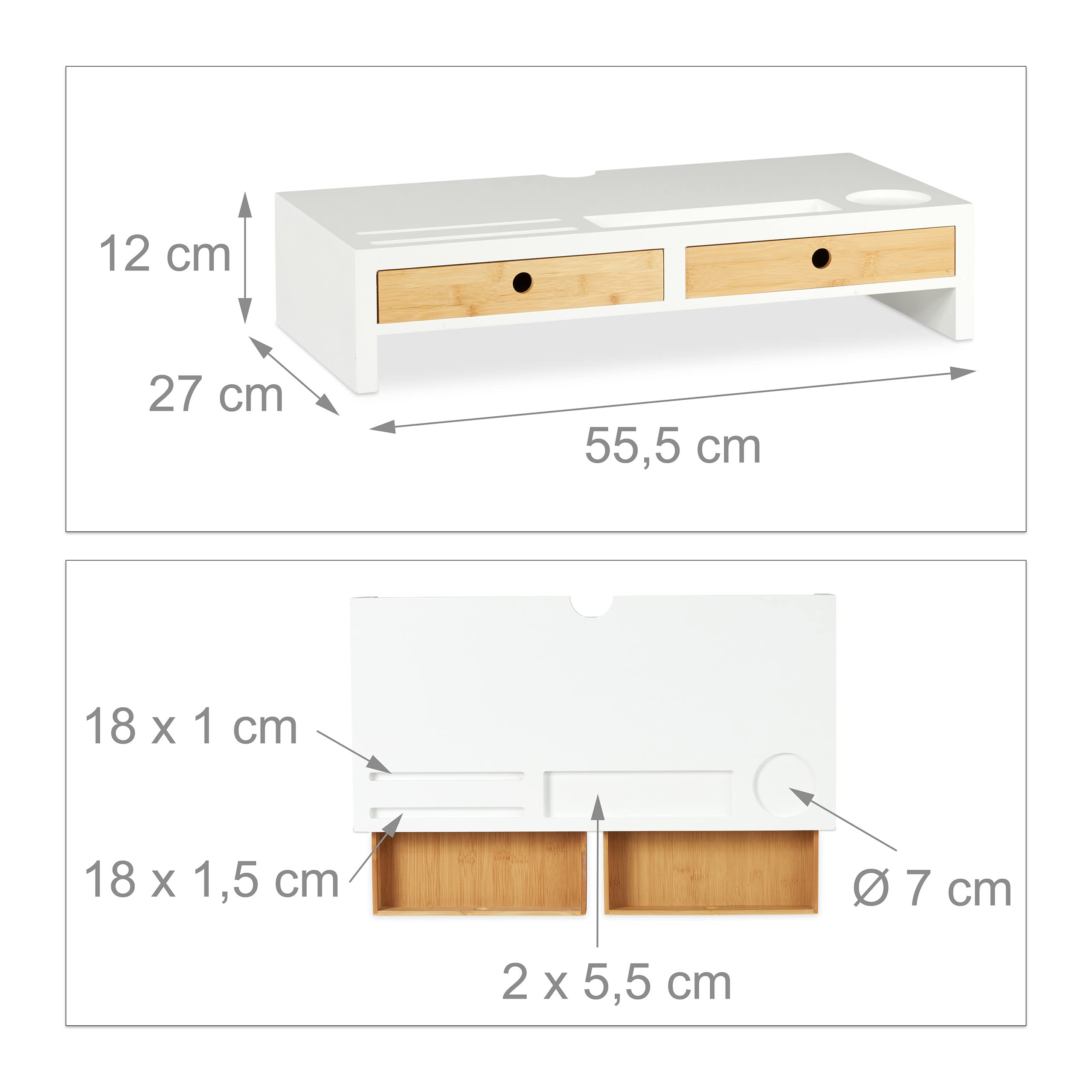 Relaxdays Supporto per Monitor, 2 Cassetti, Rialzo per PC, in bambù & MDF, HLP 11,5 x 47 x 18 cm, Bianco/Legno Naturale