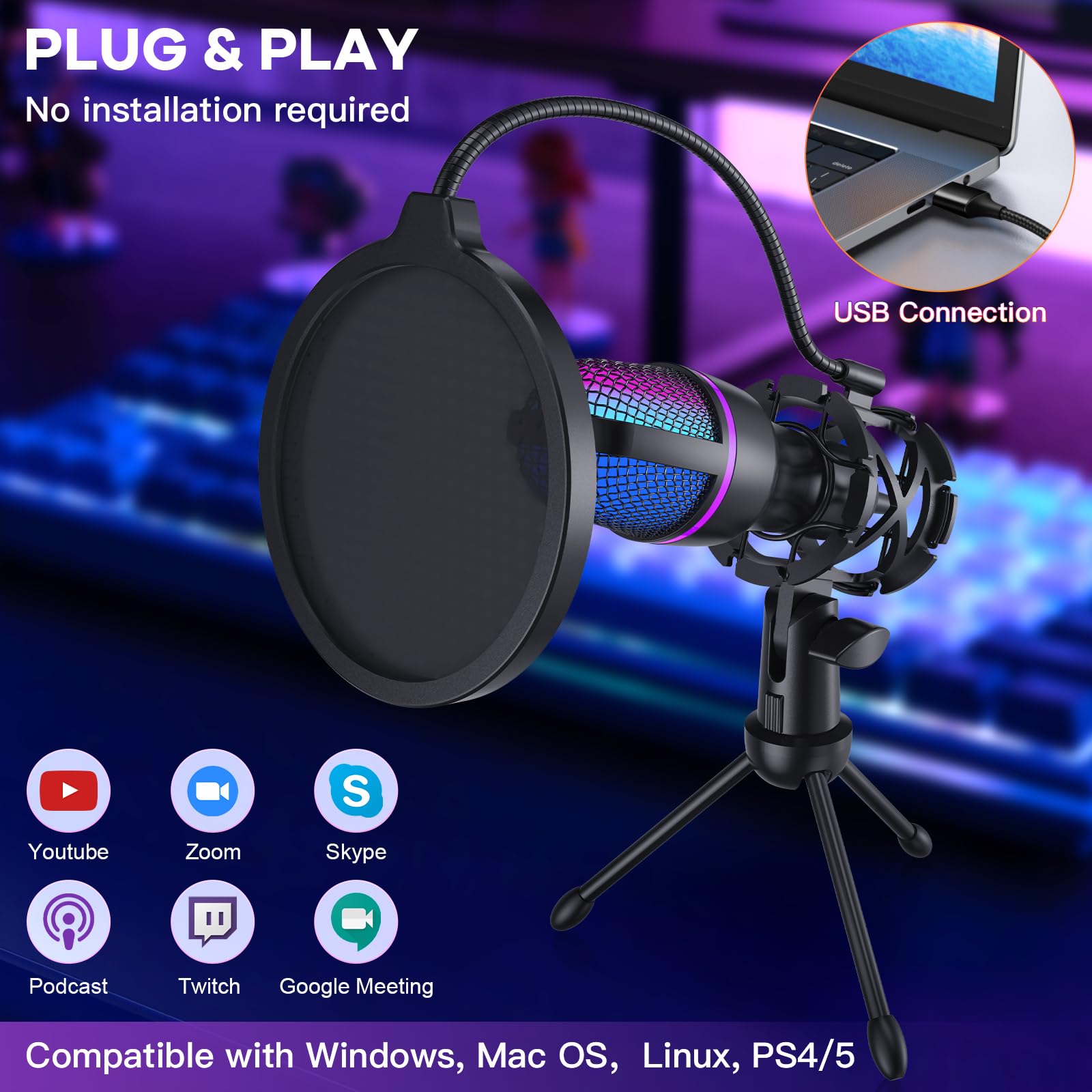 Microfono USB da gioco per PC - Microfono a condensatore RGB con treppiede, filtro pop, per streaming, podcast, chat online e videoconferenze