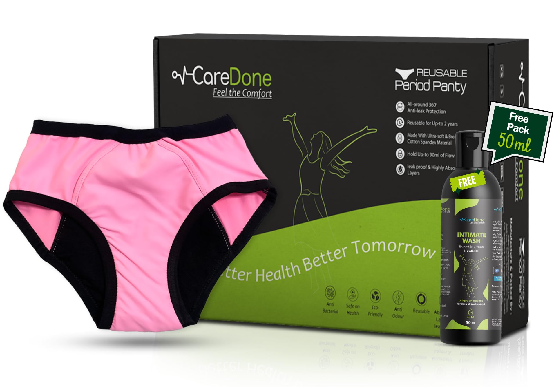 CareDoneReusable & Washable Leak-Proof Period Panty for All-Day Comfort with Free 50ml pH-Balanced Intimate Wash.