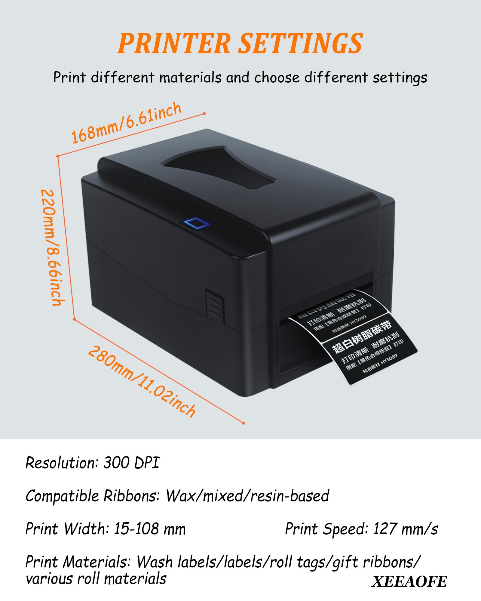 Drukarka Etykiet Wysyłkowych - 300 DPI | Prędkość Druku 127mm/s | Szerokość Druku 15-108mm (0.6-4.3 cala), Drukarka Etykiet do Paczek Wysyłkowych i Małych Firm NoCutter