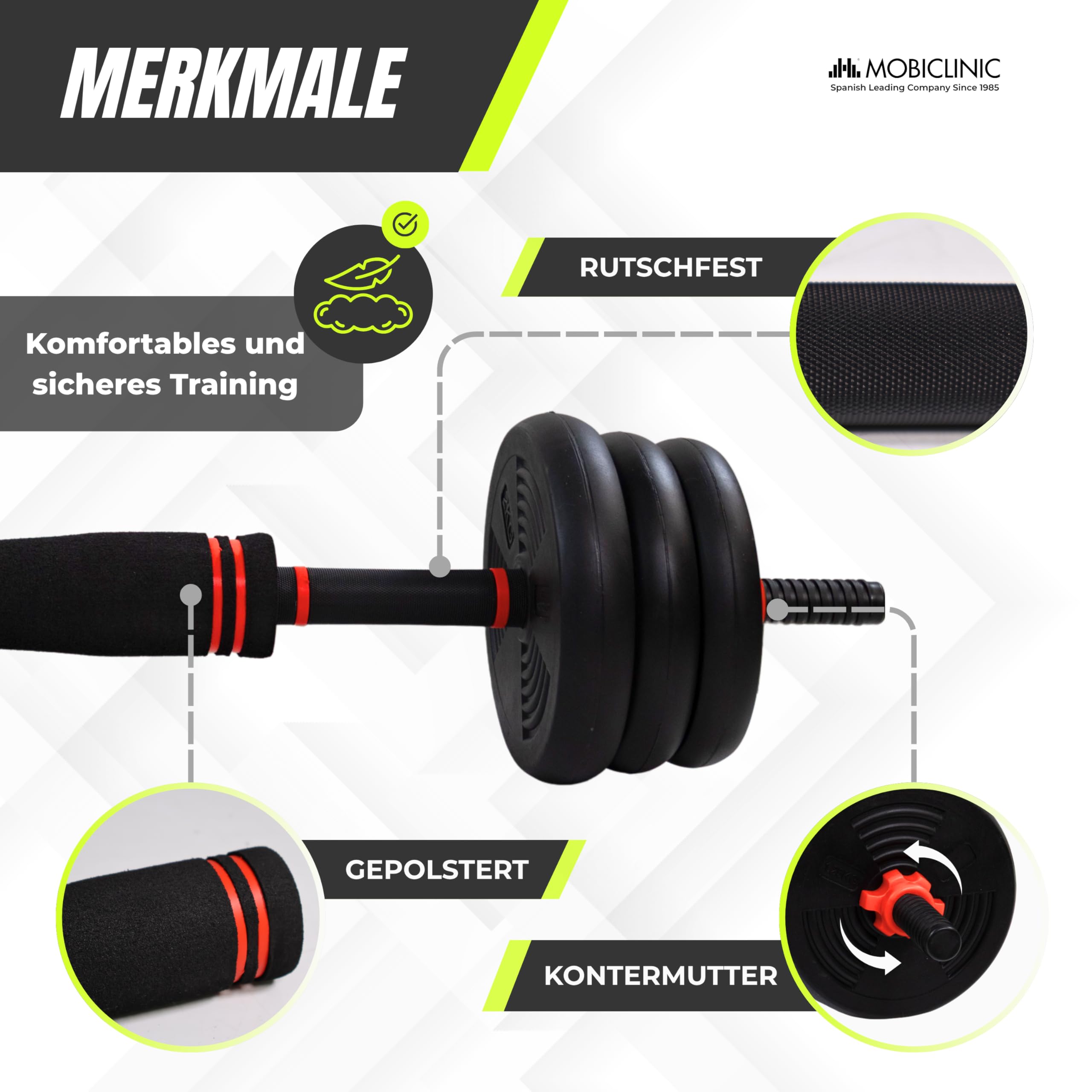 Mobiclinic®, Verstellbare Hanteln 20 kg, 4 in 1, Gewichtsset, Hanteln, Kugelhanteln und Liegestützständer, Verbindungsstange, Rutschfester Griff, Mobimax, Home Gym, Fitness