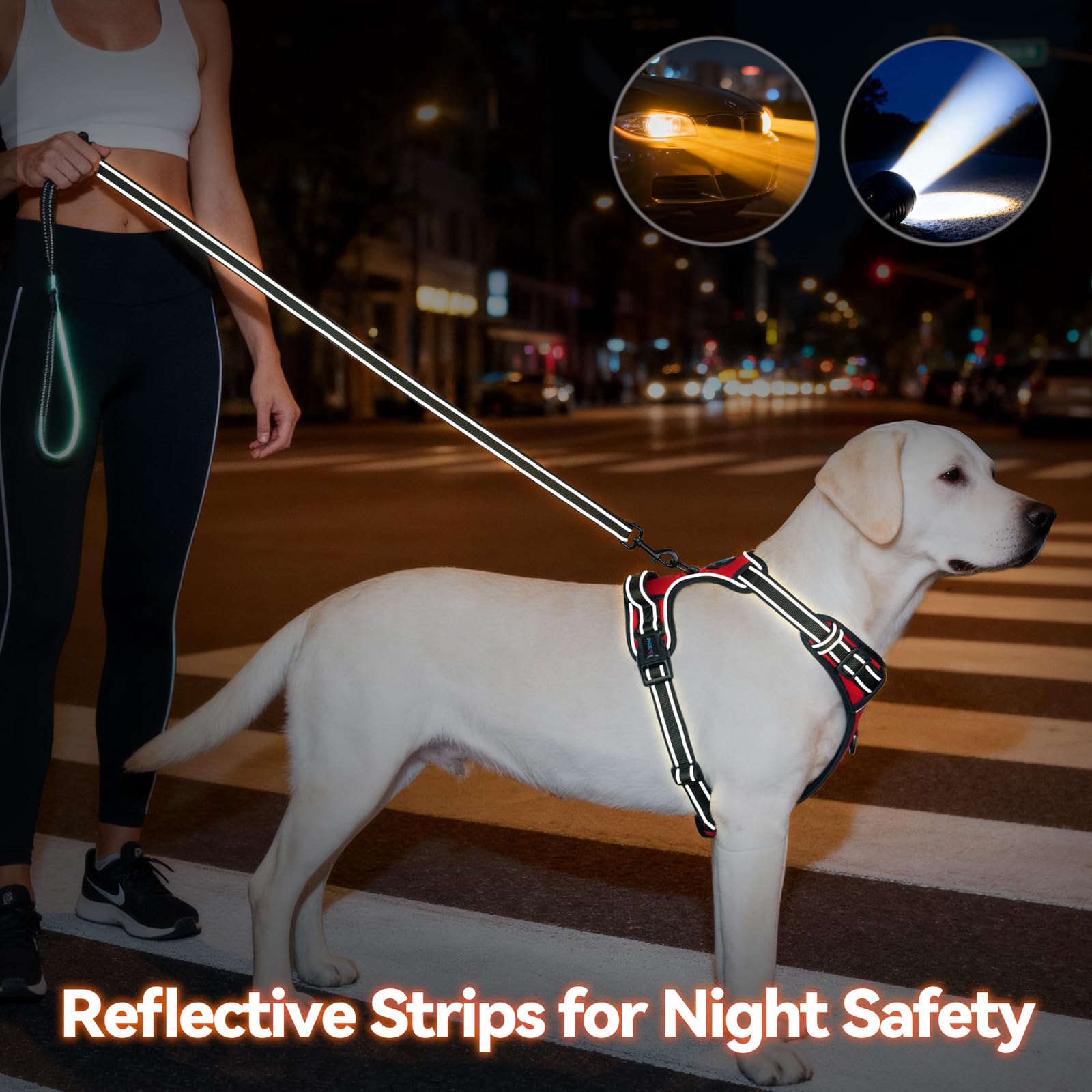 PHOEPET - Arnés para perro sin tirar, reflectante, ajustable, con 2 ganchos de metal y mango suave
