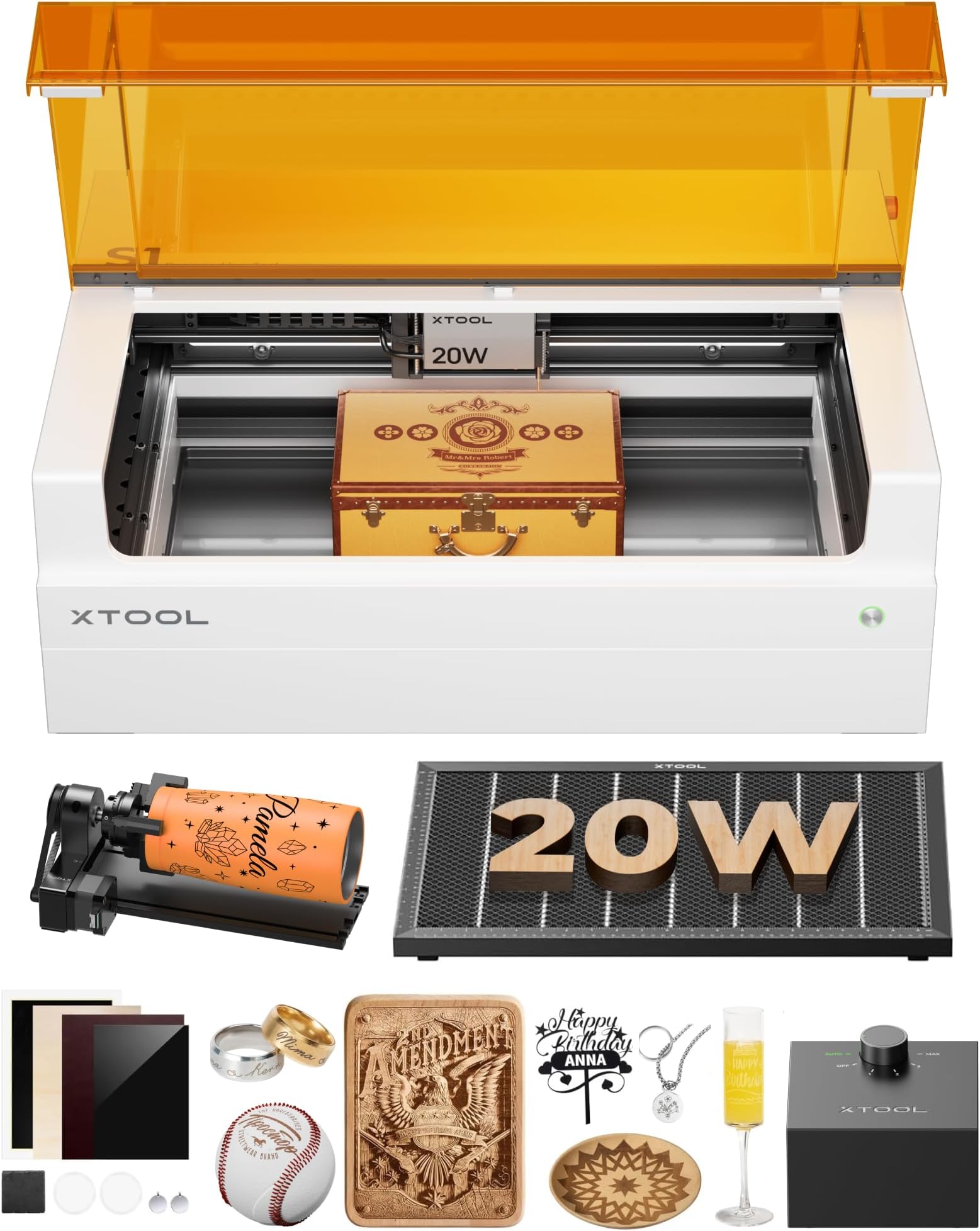 S1 20W Laser Cutter and Laser Engraver for Tumblers, 23.93" x 15.16" Bed Size, 600mm/s Speed, Laser Engraving Machine, Laser Engraver for Wood - Rotary Bundle