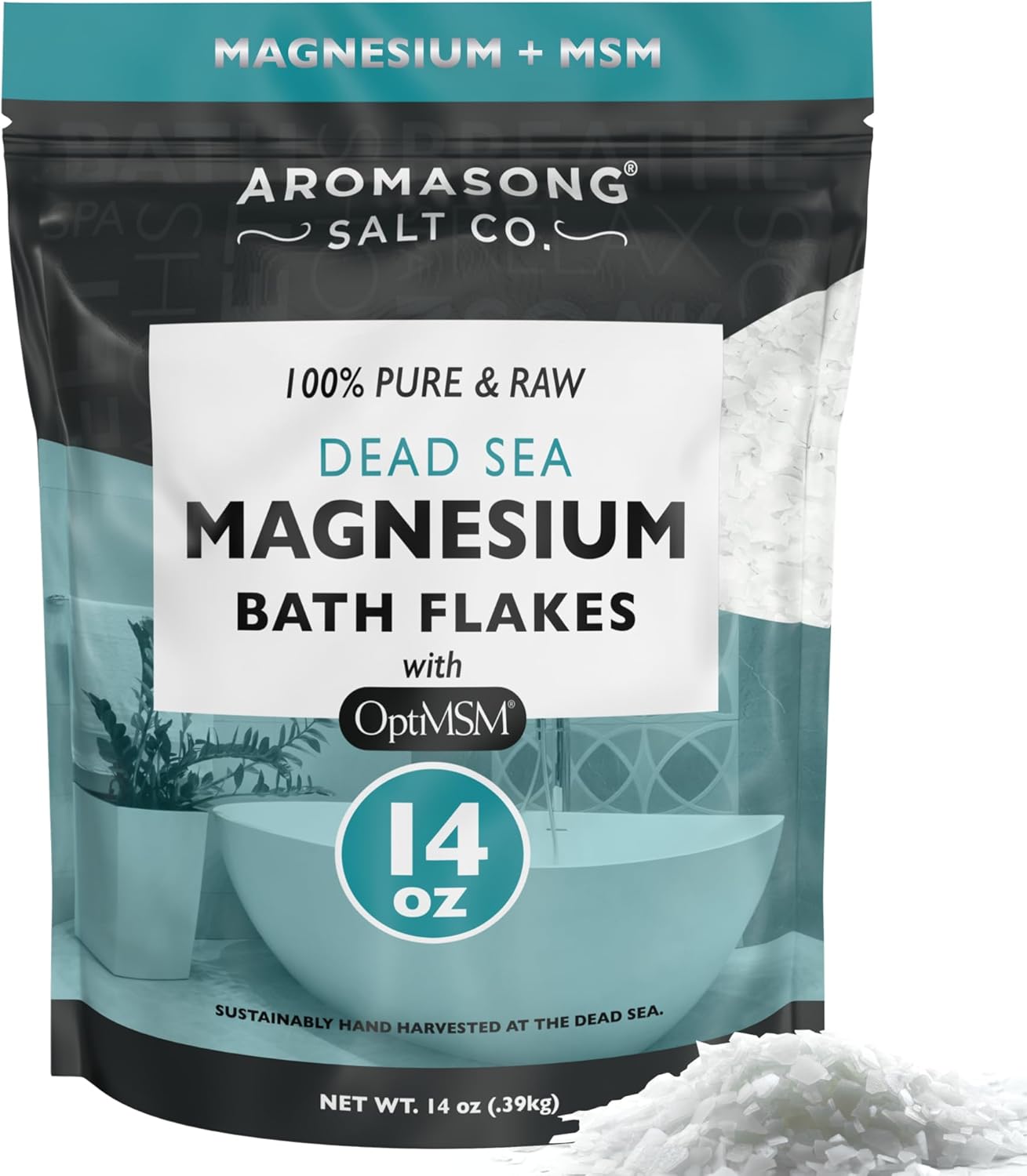 Aromasong RAW Magnesium Flakes + OptiMSM for Soaking 14 Oz. Resealable Pack – Muscle Relaxing Organic Bath Salts Magnesium Chloride Flakes.