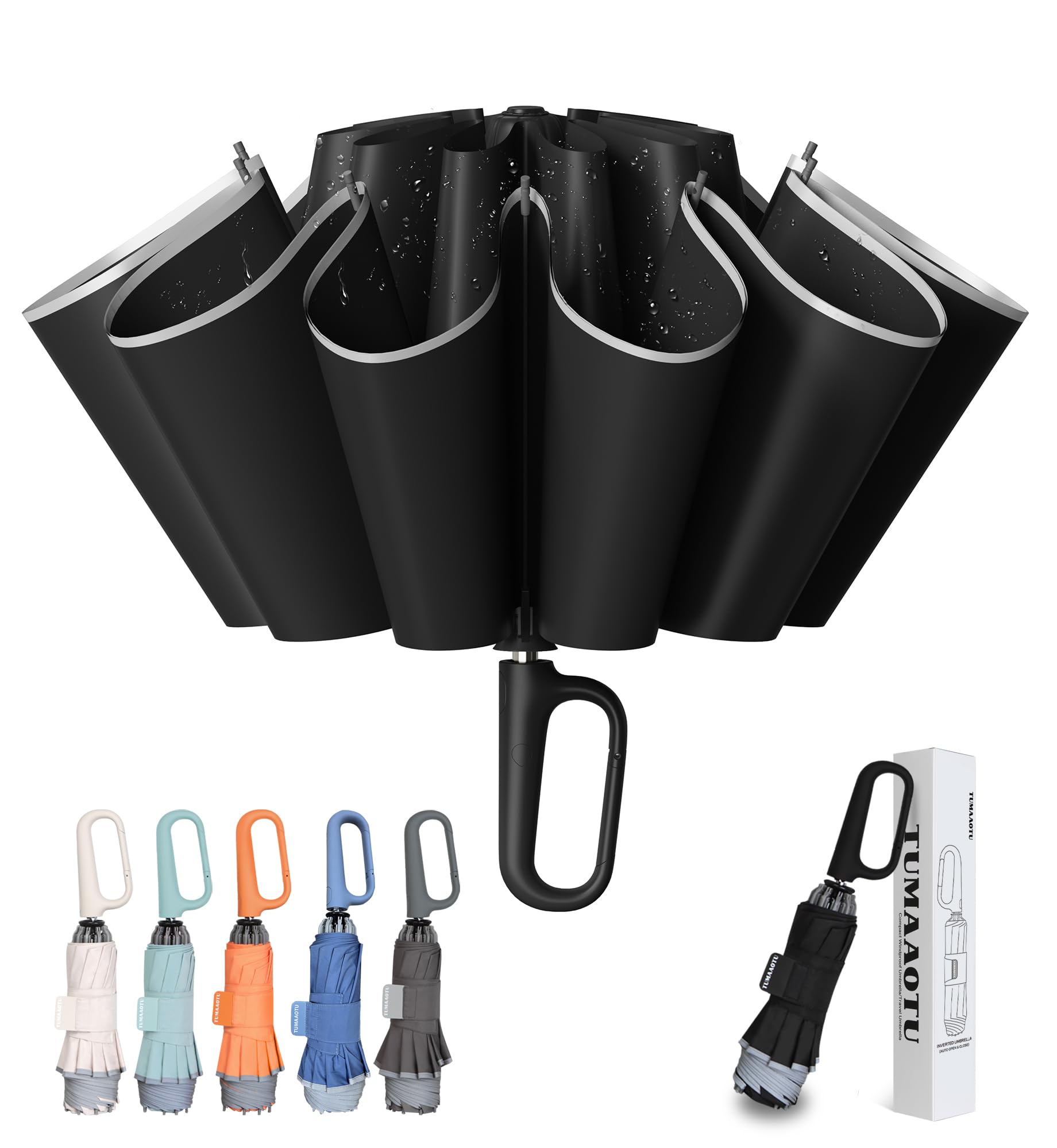 TUMAAOTUCompact Inverted Umbrella with Never Forget Carabiner Handle - Travel Umbrella Windproof Strong, Automatic Umbrellas for wind rain, Auto Open Close, 10 Rib Durable Frame for Women Men