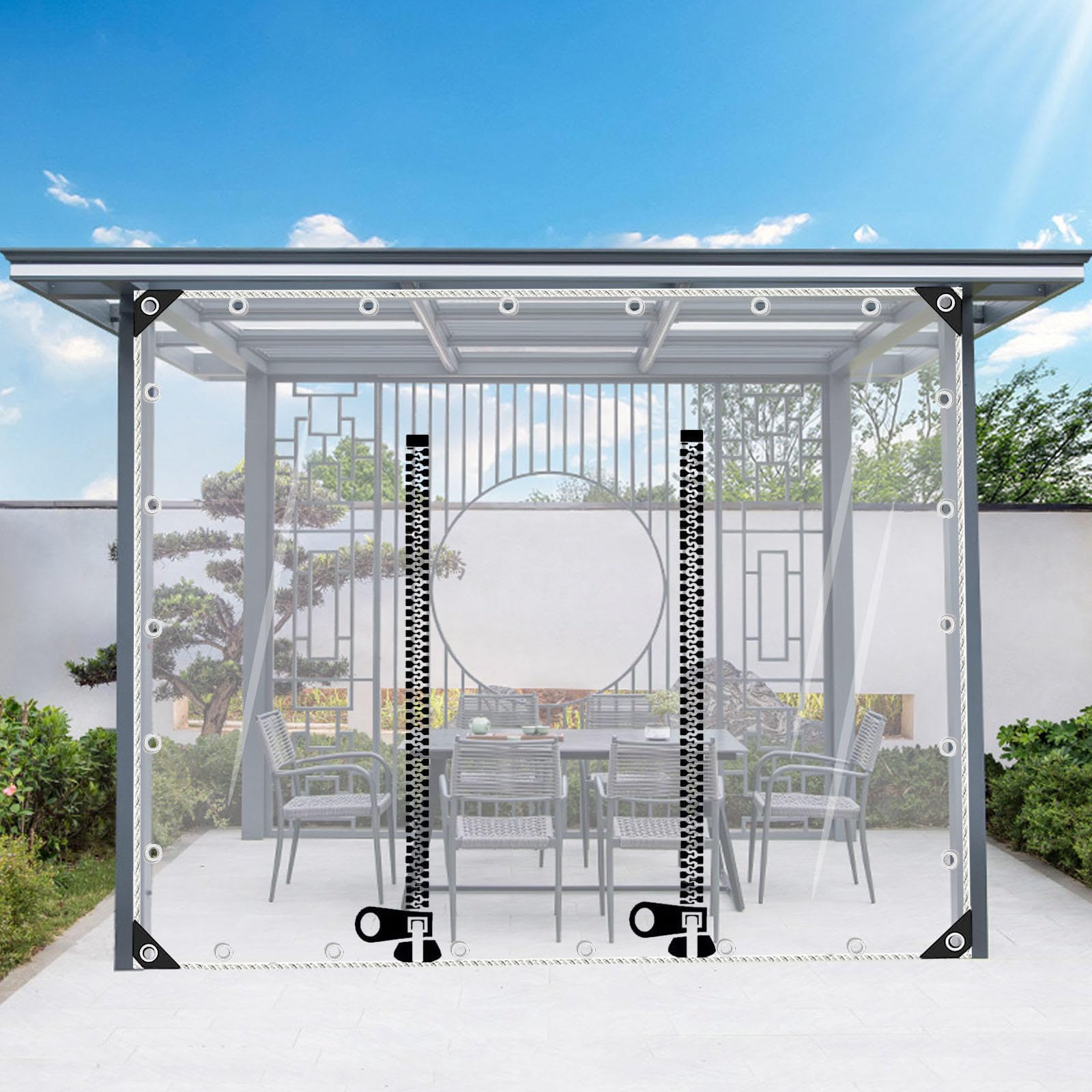 Teloni Trasparenti in PVC Pesan Teimpermeabili con Porta a Cerniera,Telone Protettivi Resistenti al Taglio,Pannelli Laterali in Telo Trasparente,per Carport,Pergola,Serre,WxH-3x2.5m/9.8x8.2ft