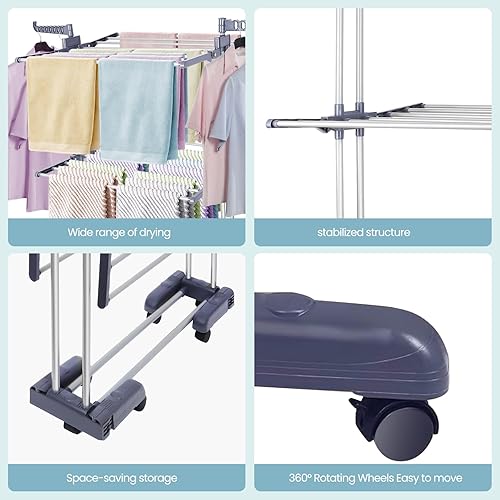 Miniatura 5 de Tendedero plegable de secado de ropa, de gran tamaño de 4 niveles (70 pulgadas de alto), tendedero de acero inoxidable con base plegable y 24 postes