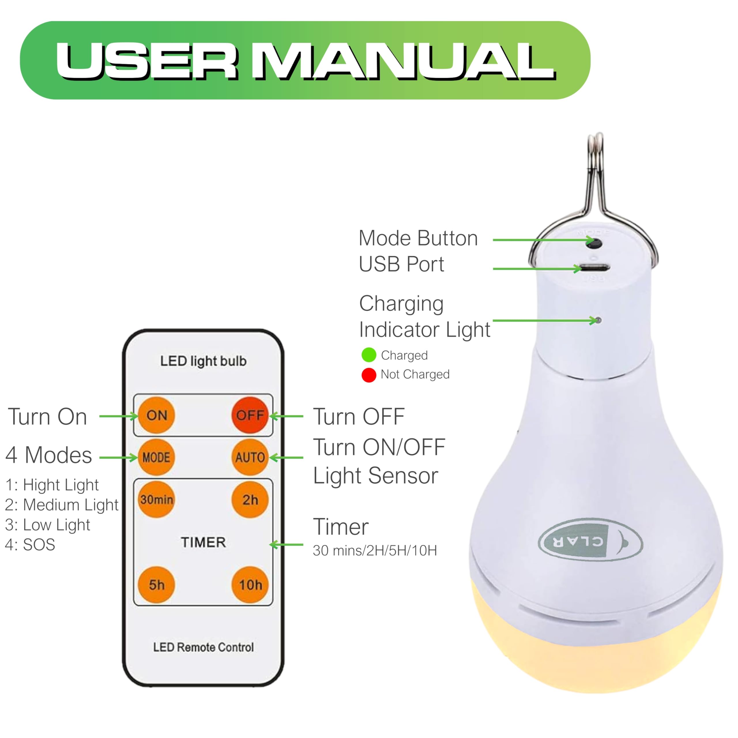 CLAR - Lampadina LED Ricaricabile USB, Portatile, 9W Luce Calda (Pack 3)