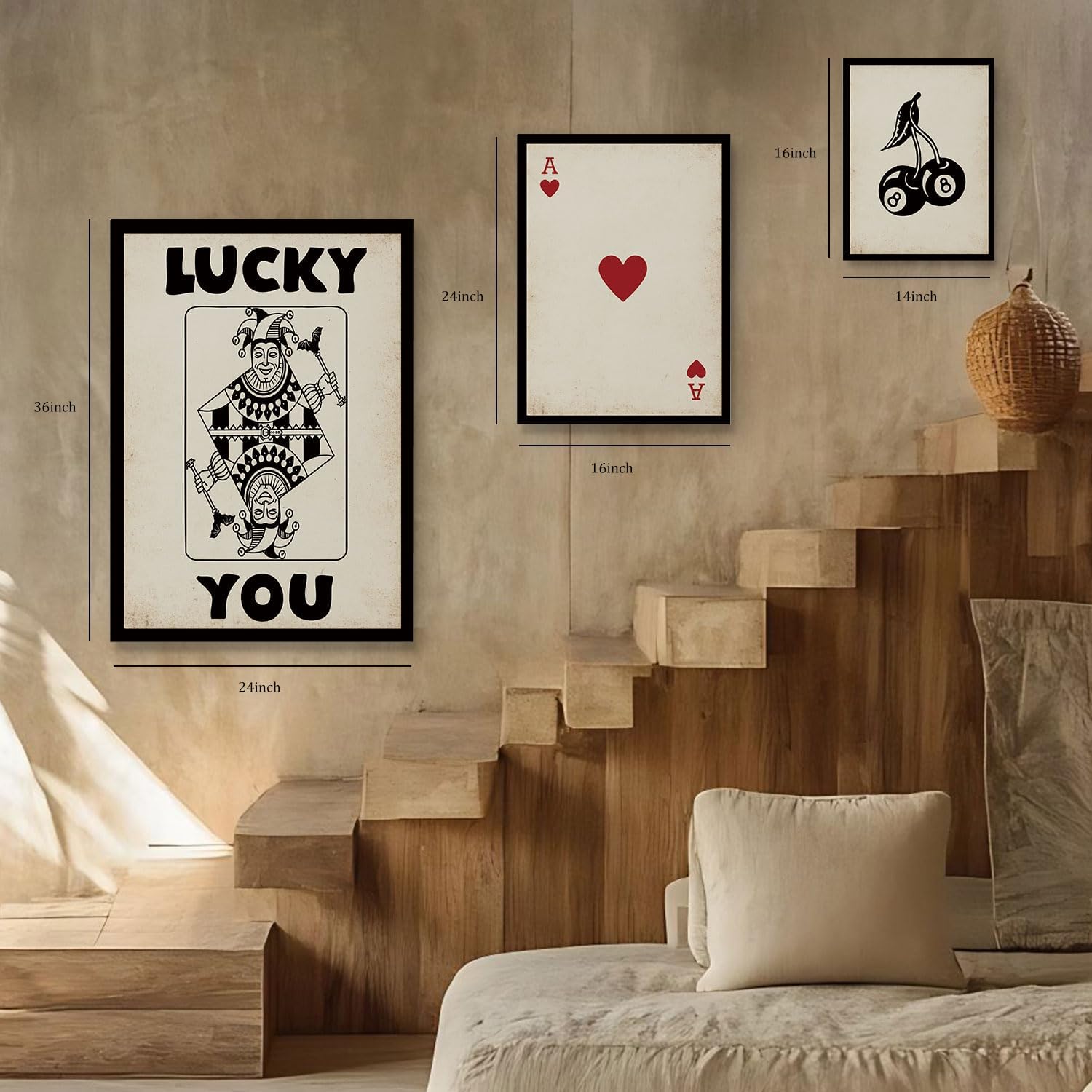Poker Wall Art Lucky You Poster Set of 3, Trendy Retro Red Heart A Joker Prints Pictures for Living Room Wall Decor Rustic Vintage 8-Ball Pool Canvas Artwork for Bedroom Home Office Decoration 12x16"