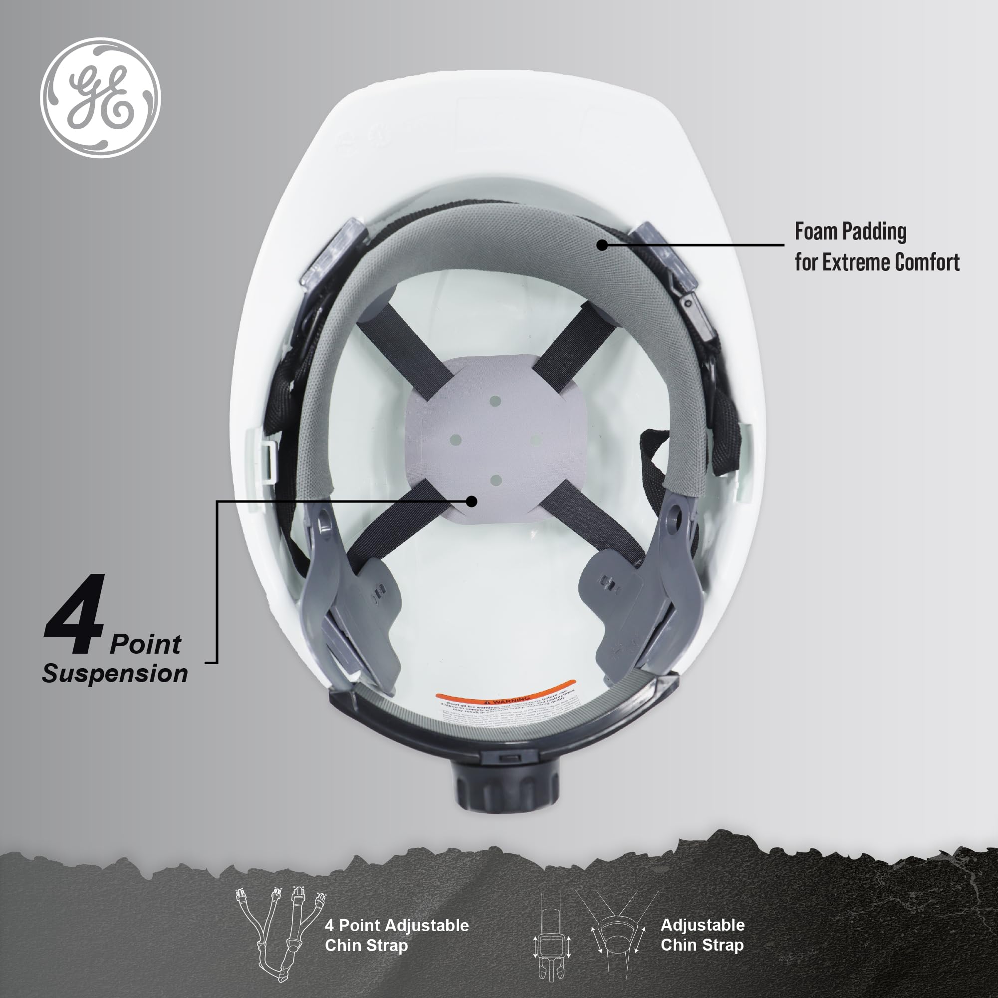 GE Casco duro, estilo de gorra sin ventilación, clase G y E, blanco, banda acolchada que absorbe el sudor, sistema de trinquete de 4 puntos, ranuras para orejeras, alta resistencia a los impactos,
