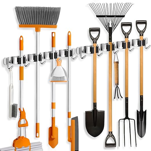 2 Pack Broom Holder Wall Mount, 4 Racks And 5 Hooks Mop Hanger - View #9