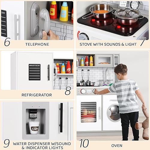 Miniatura 5 de MAMIZO Cocina de juego para niños, cocina de juguete de chef de madera de simulación con lavadora, dispensador de agua, estufa, sonido y luz reales