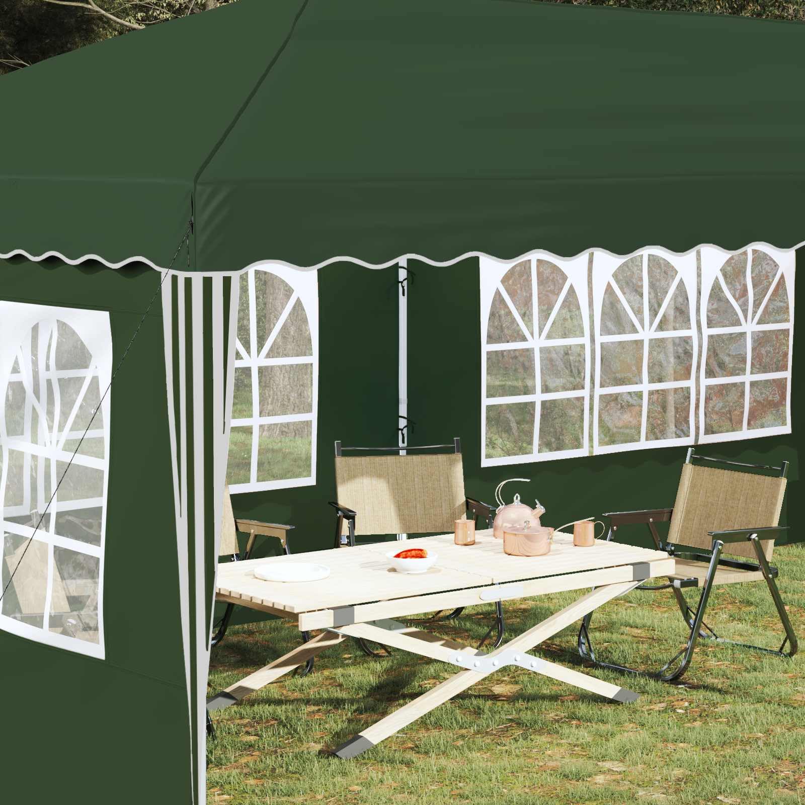 Namiot imprezowy Pop-up, zielony, 575 x 289 x 245 cm, z malowaną proszkowo stalową ramą, odporny na warunki atmosferyczne, z regulacją wysokości, składany, do ogrodu, na taras, kemping i