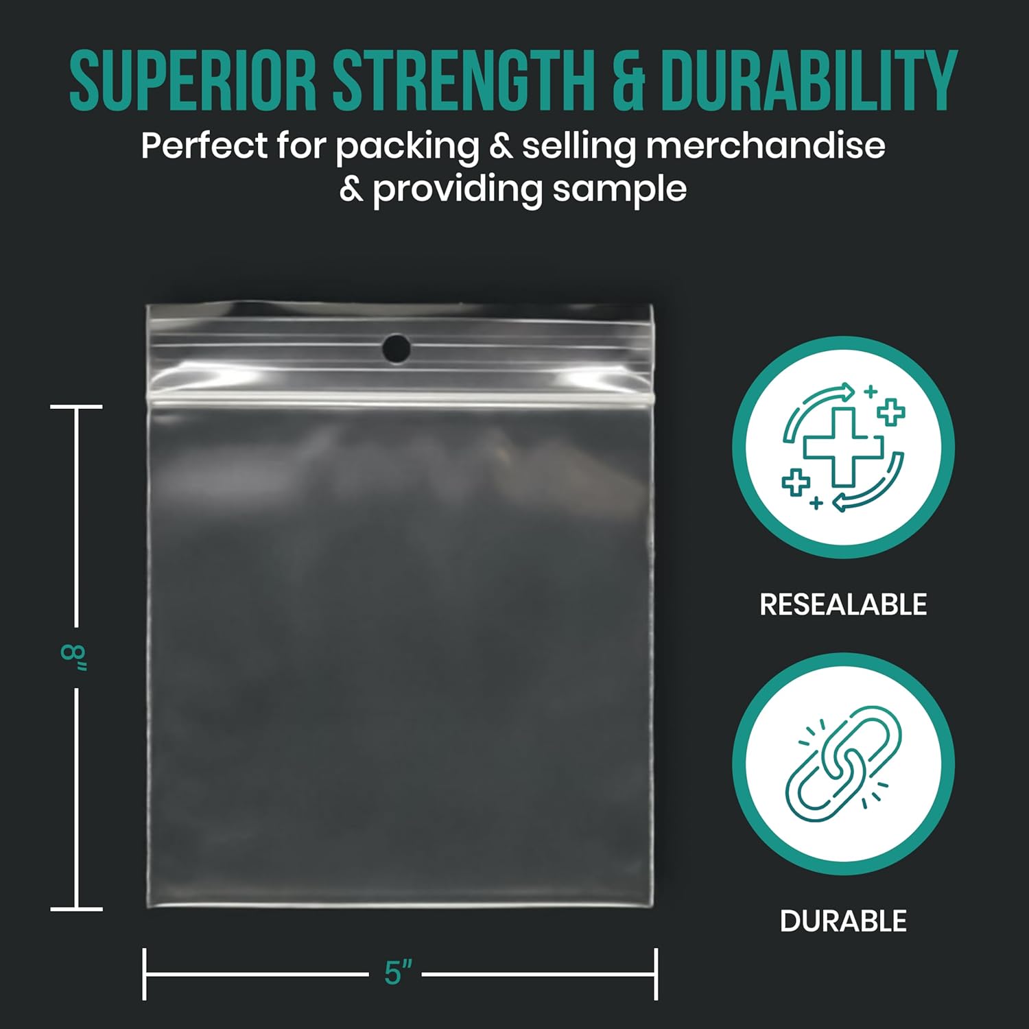 Levex - 5" x 8" (1000 Count) 2 Mil Clear Hang Hole Display Reclosable Zip Plastic Poly Bags with Resealable Lock Seal Zipper for Travel, Storage, Packaging & Shipping