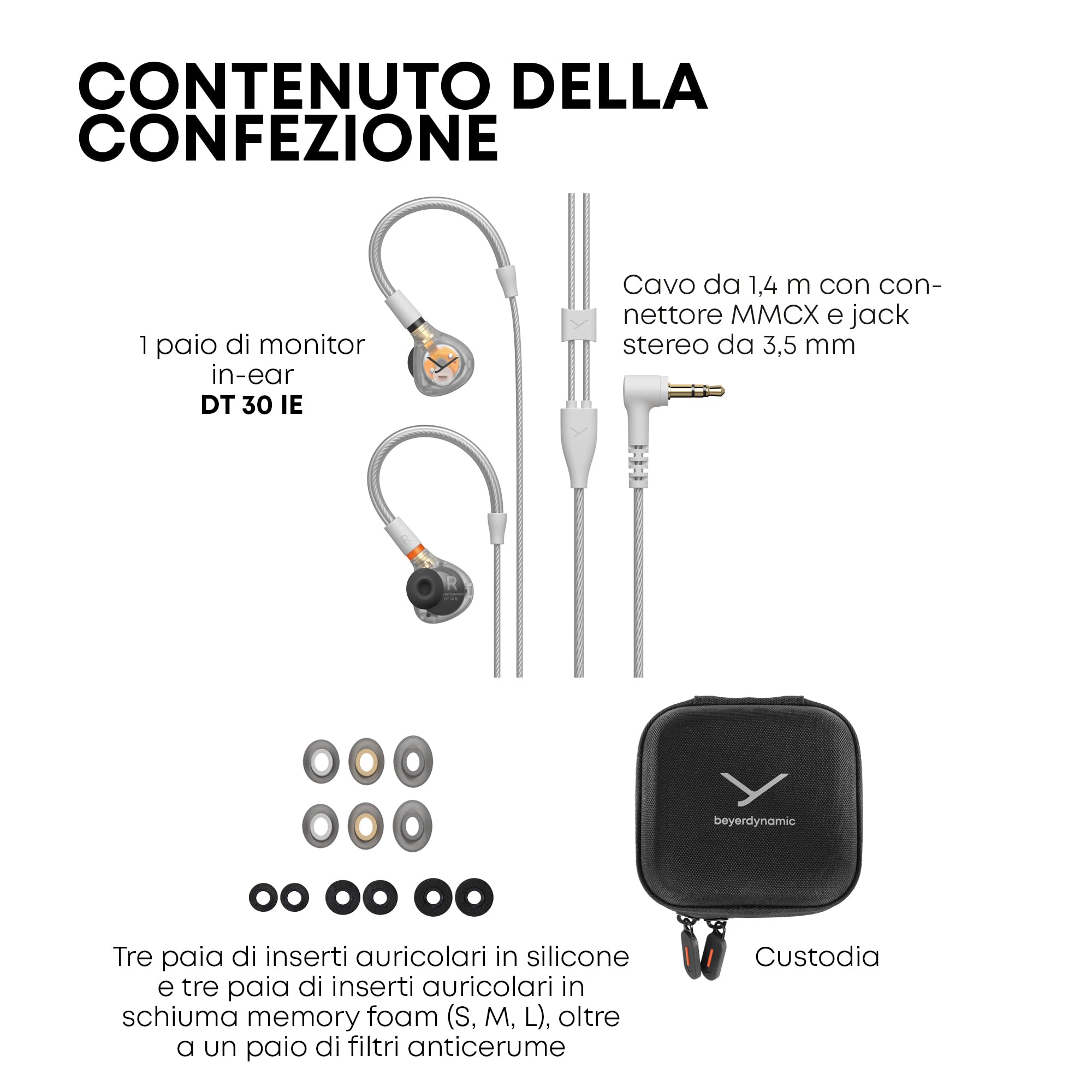 beyerdynamic DT 30 IE monitor in-ear professionale per palco e sala prove | Isolamento passivo fino a 39 dB, vestibilità ergonomica, cavo MMCX rimovibile, trasparente