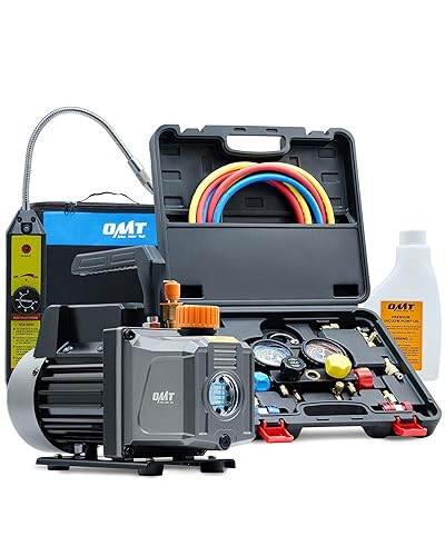 Orion Motor Tech AC Vacuum Pump and Gauge Set, 1/3 hp 4 cfm Vacuum Pump Manifold Gauge Kit with Leak Detector 4 Hoses & Accessories for R134a R22 R410a, A/C Vacuum Pump Kit for Auto HVAC Systems
