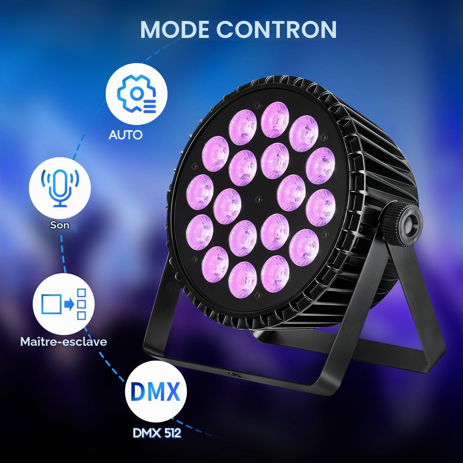 Betopper 6 en 1 Par Led 18x18W RGB Lime Amber UV Lumière de Scene DMX512 2P
